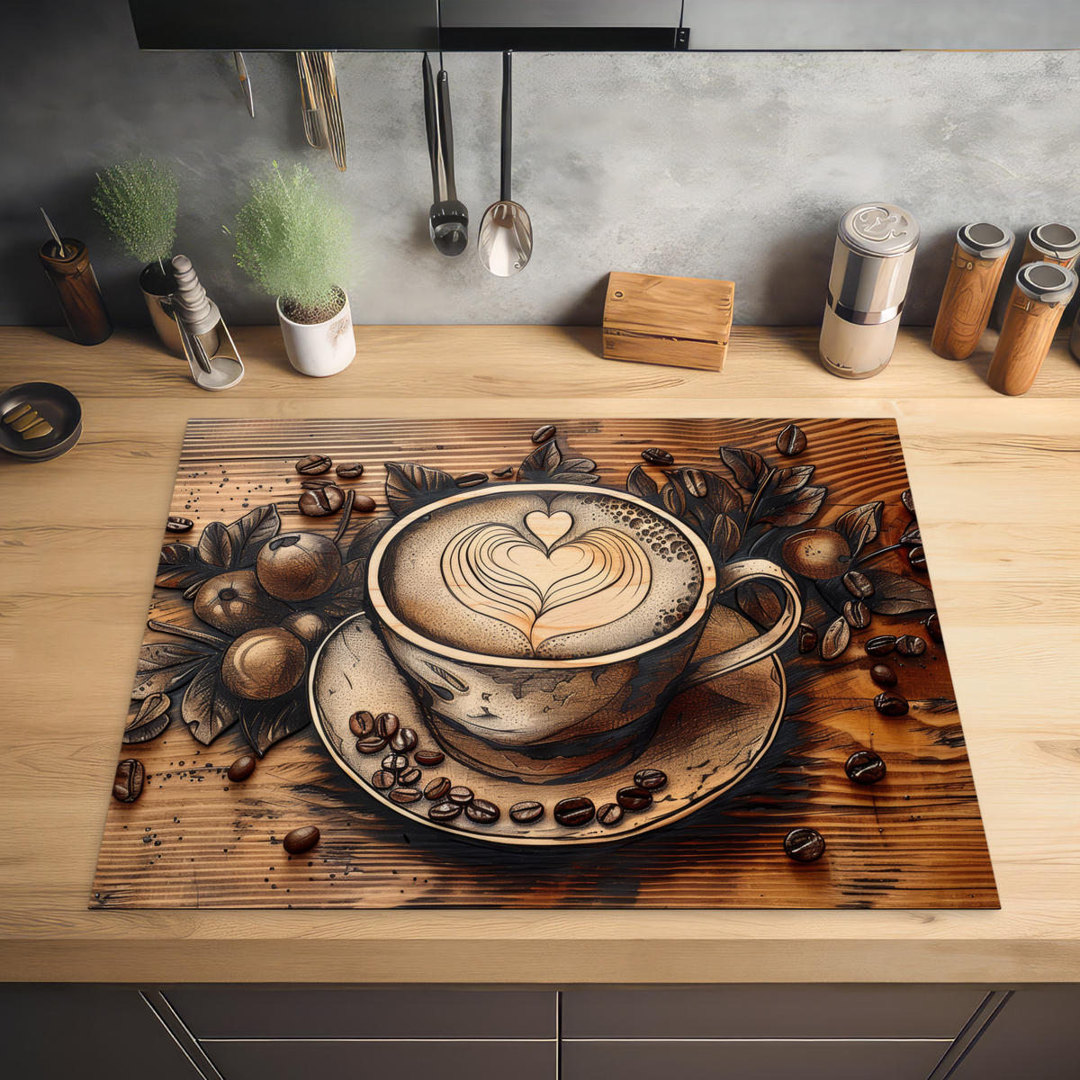 HERDABDECKPLATTE Kaffee - Vintage - Braun - Tasse - Holz 77x59 cm - Cappuccino, Kunststoff (77/0.2/59cm) - MuchoWow