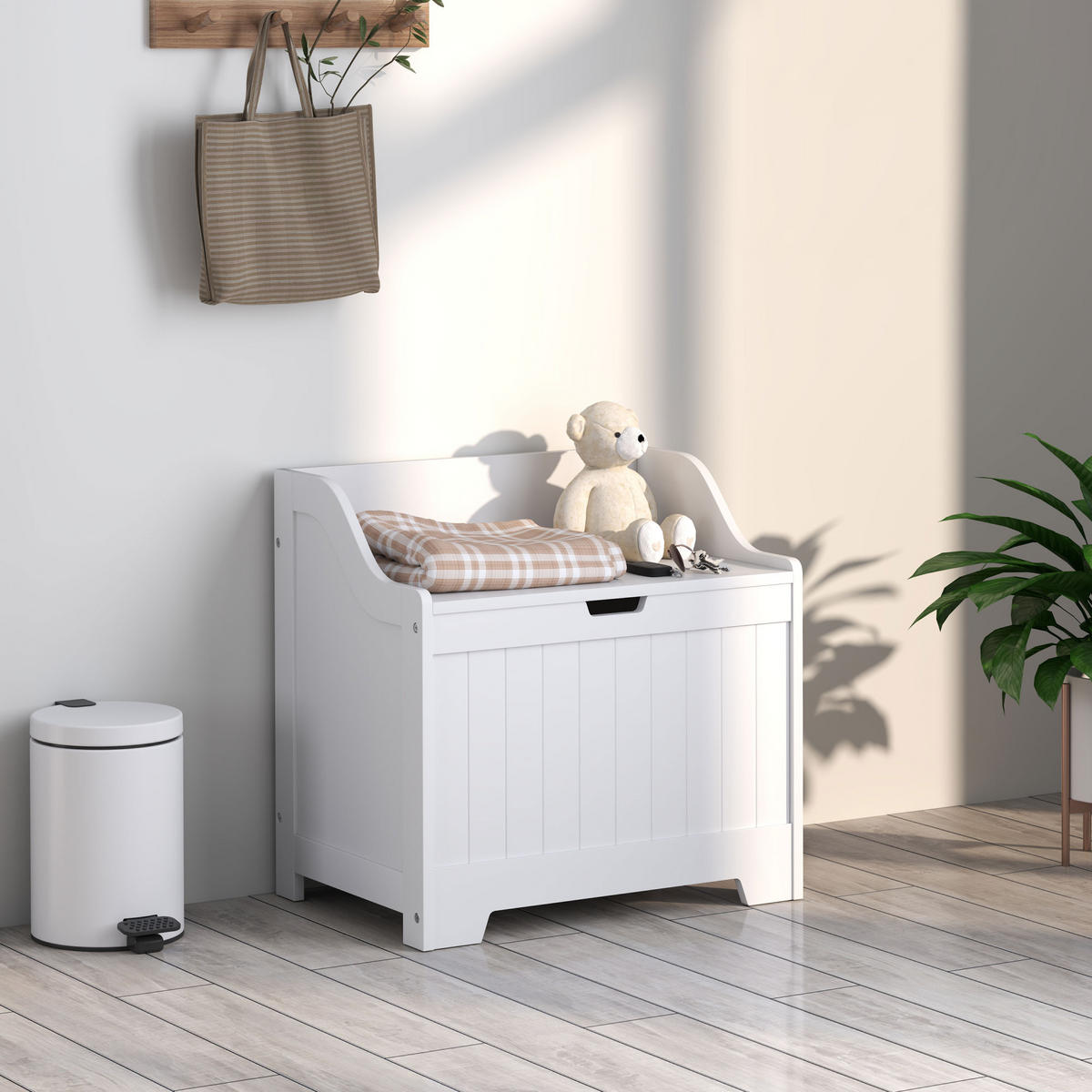 TRUHE, Aufbewahrungsbox, Auflagenbox mit Sicherheitsscharnier, Deckel, Weiß - Weiß, Holzwerkstoff (38/56/56.5cm) - HOMCOM