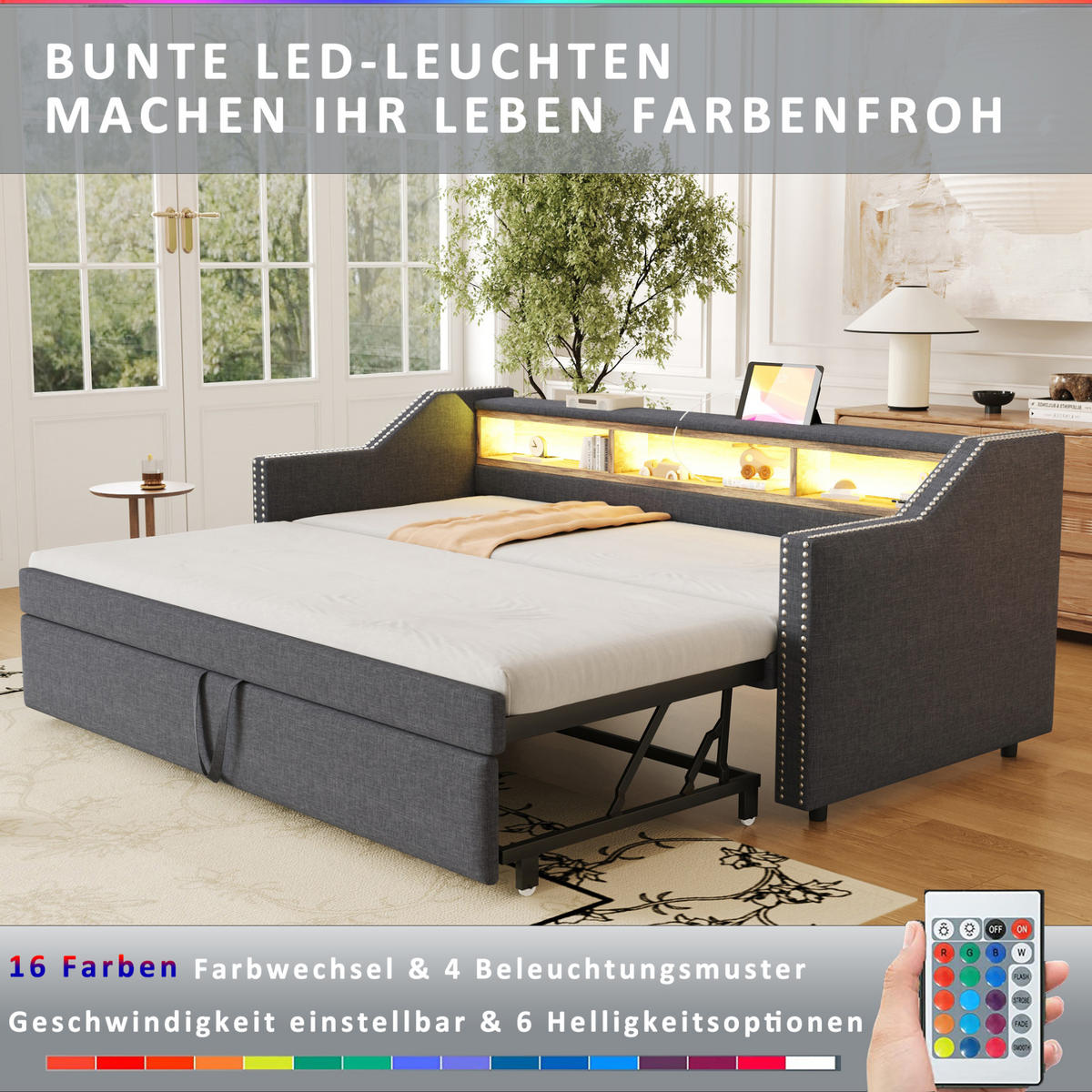 POLSTERBETT 90/190 cm ausziehbar mit LED, USB, Matratze, Ablagefächern und 2 Federkernmatratzen, Dunkelgrau - Dunkelgrau, Holzwerkstoff (90/190cm) - Redom
