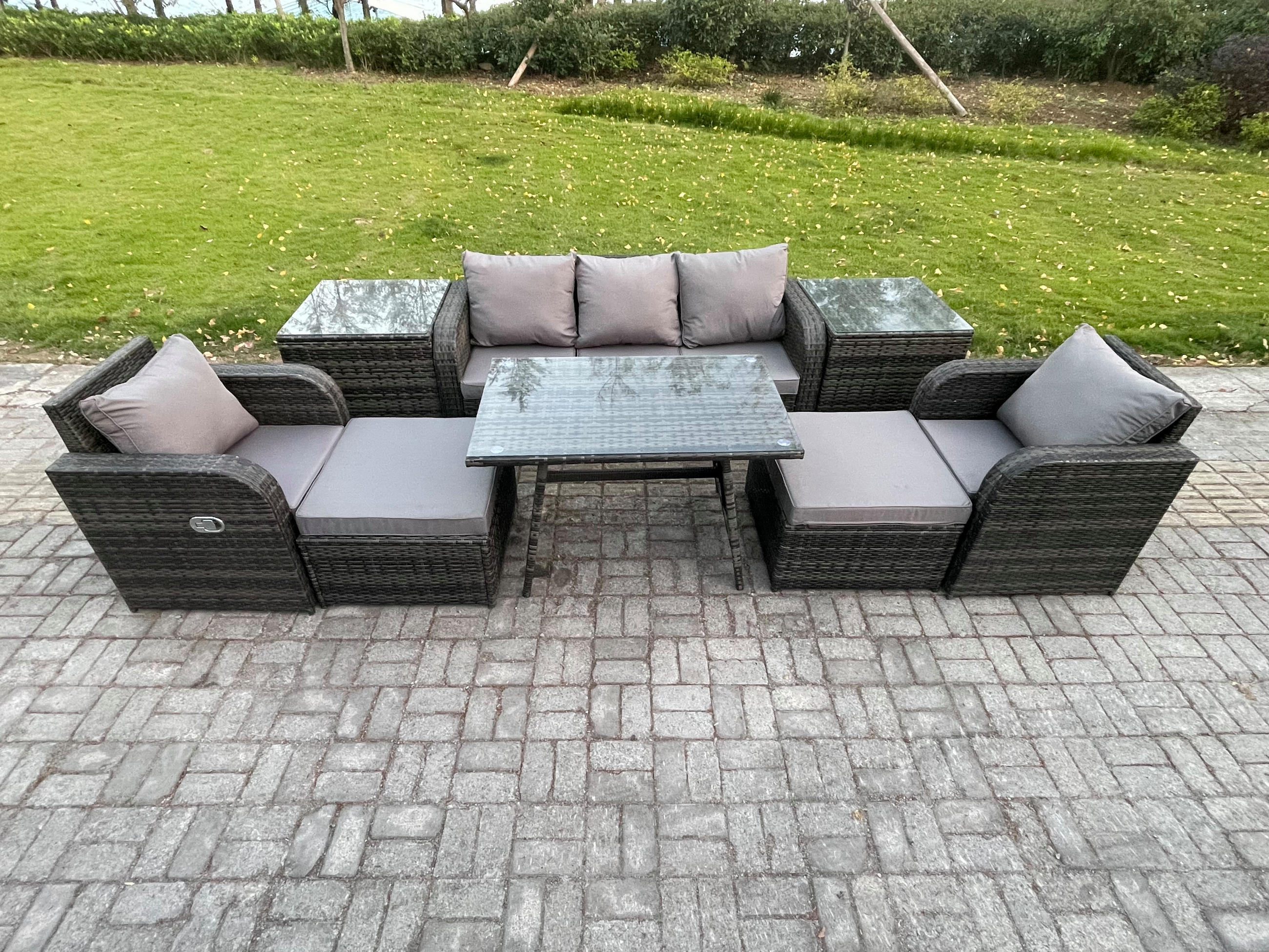 GARTENMÖBEL SET mit COUCHTISCH Polyrattan Dunkelgrau 7-Sitzer - Dunkelgrau/Grau, Glas/Kunststoff - Fimous