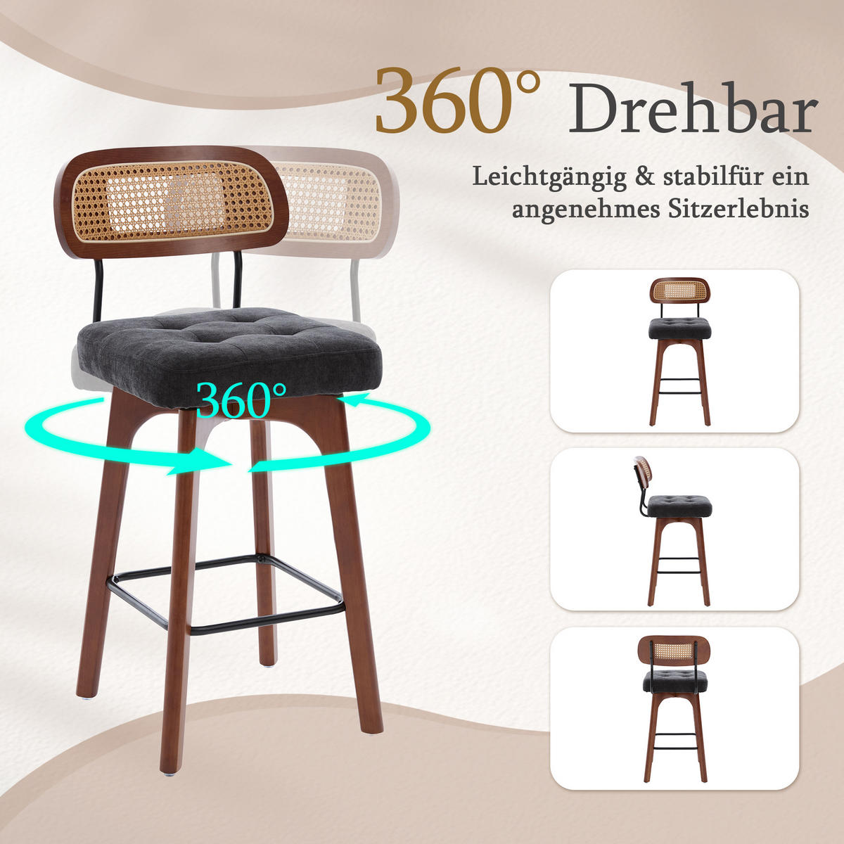 BARHOCKER 2er Set, 360° drehbar, Wiener Geflecht/Chenille, 67,5cm Sitzhöhe,Schwarz - Wildeiche/Schwarz, Holz/Textil (44/96/51cm) - LVHOM