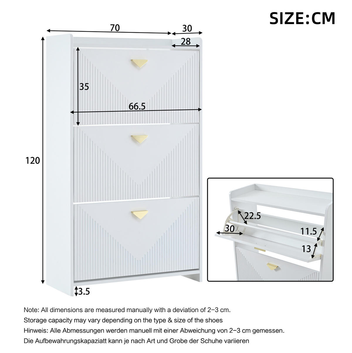 SCHUHSCHRANK 70/30/120 cm mit 3 Klapptüren, verstellbaren Fächern und MDF-Korpus, Weiß - Weiß, Holzwerkstoff (70/120/30cm) - Redom