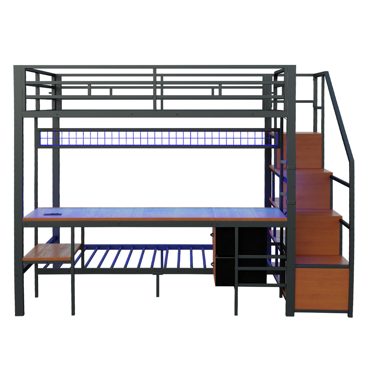 HOCHBETT 140/200 cm schwarz aus Metall und Holz mit Schreibtisch LED und Steckdosen - Schwarz, Metall (140/200cm) - OKWISH