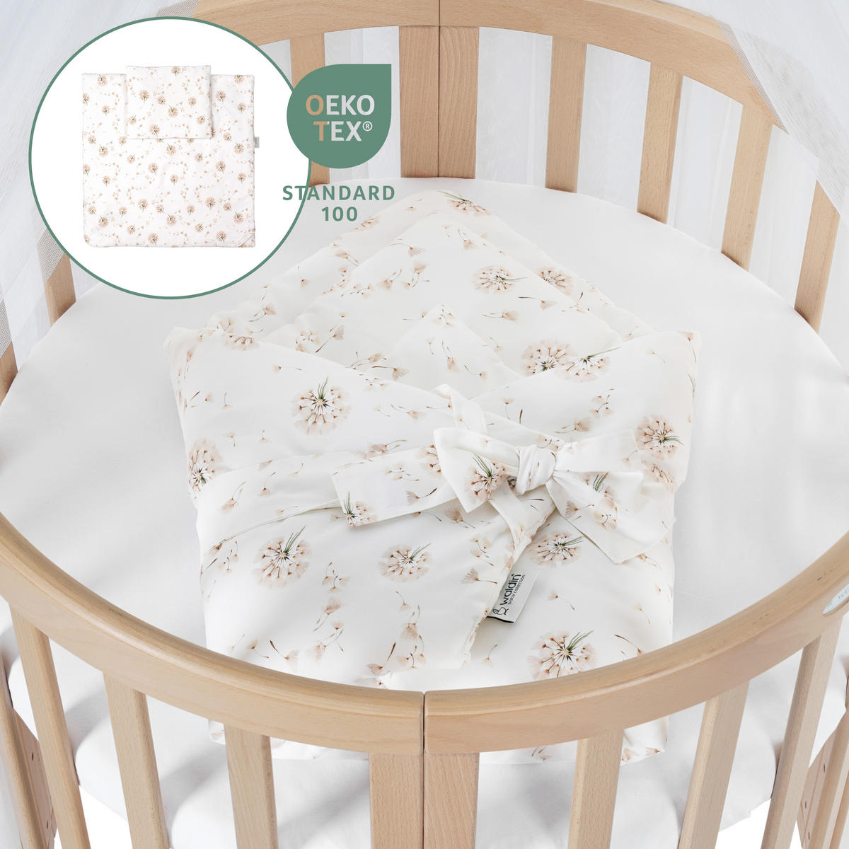 BABYBETT NATUR OVAL 7in1 mit Matratze und Himmelset - Naturfarben/Weiß, Holz/Textil