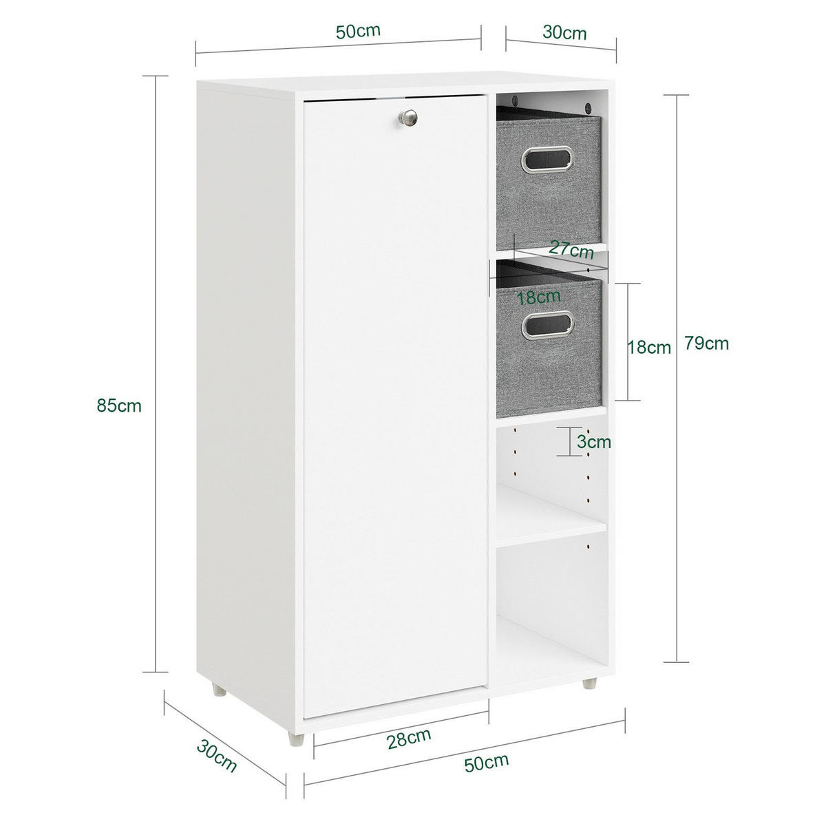 BADEZIMMERSCHRANK mit Wäschekorb und 2 Stoffschubladen 50x85x30 cm - Weiß, Holzwerkstoff (50/85/30cm) - SoBuy