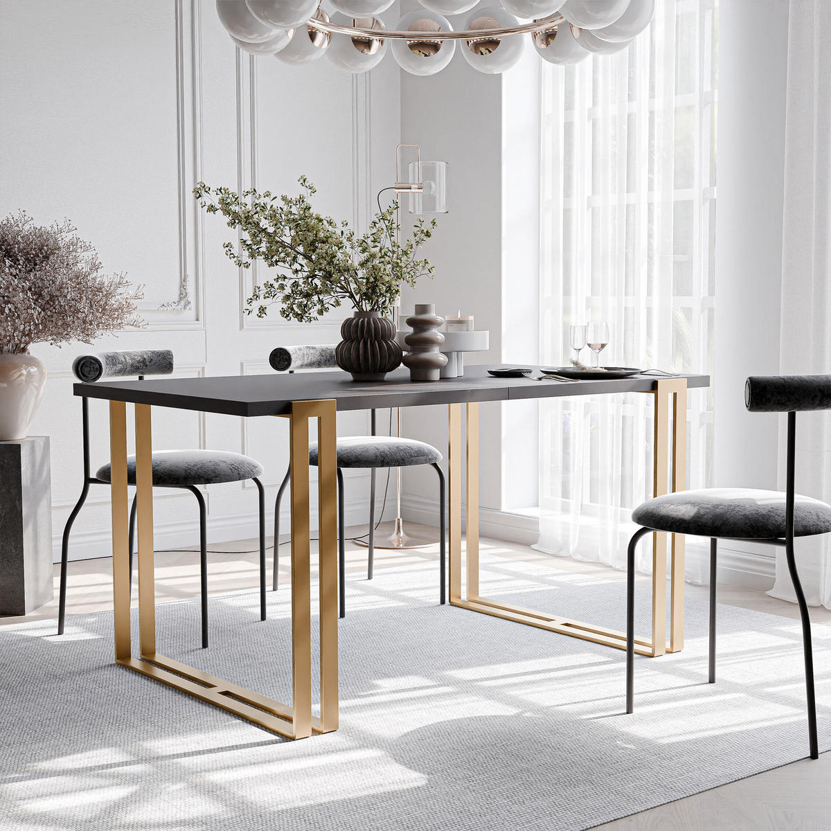 TISCH ausziehbar aus MDF, Schwarz - Goldfarben/Schwarz, Holzwerkstoff (160/80/76cm) - Idohome