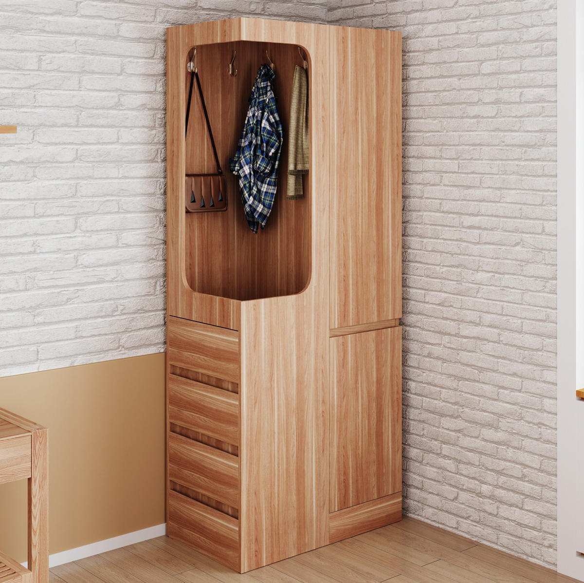 KLEIDERSCHRANK aus Kiefer, Sperrholz und MDF 70x40x170 cm Weiß/Holz mit Tür, 4 Schubladen und offenem Hängebereich - Nussbaumfarben, Holzwerkstoff (70/170/40cm) - Modfu