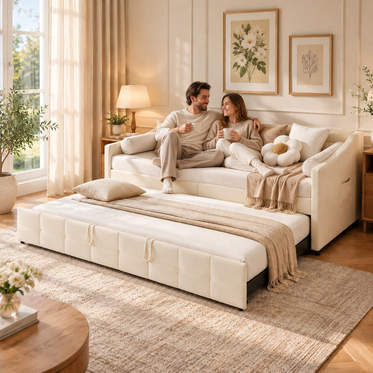 SCHLAFSOFA 200cm breit, Schlafsofa mit ausziehbarer Liegefläche - Beige, Metall (193.5/75/215cm) - Joyfair