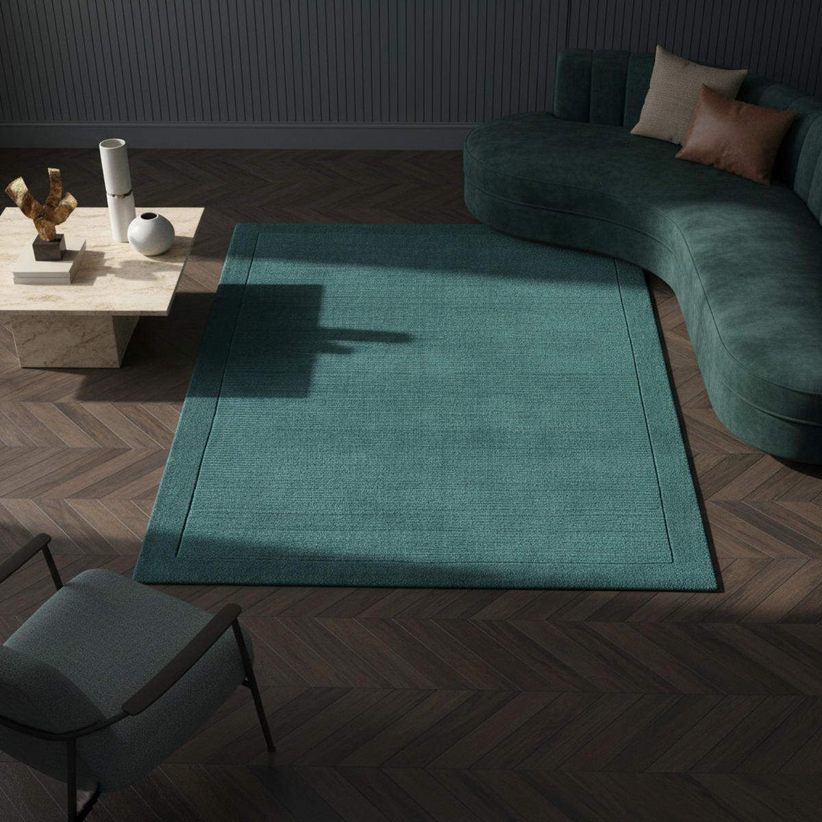 TEPPICH Schurwolle handgewebt mit Bordüre modern STOW, Türkis 200x290 cm - Grün, Textil (200/290cm) - KADIMA DESIGN