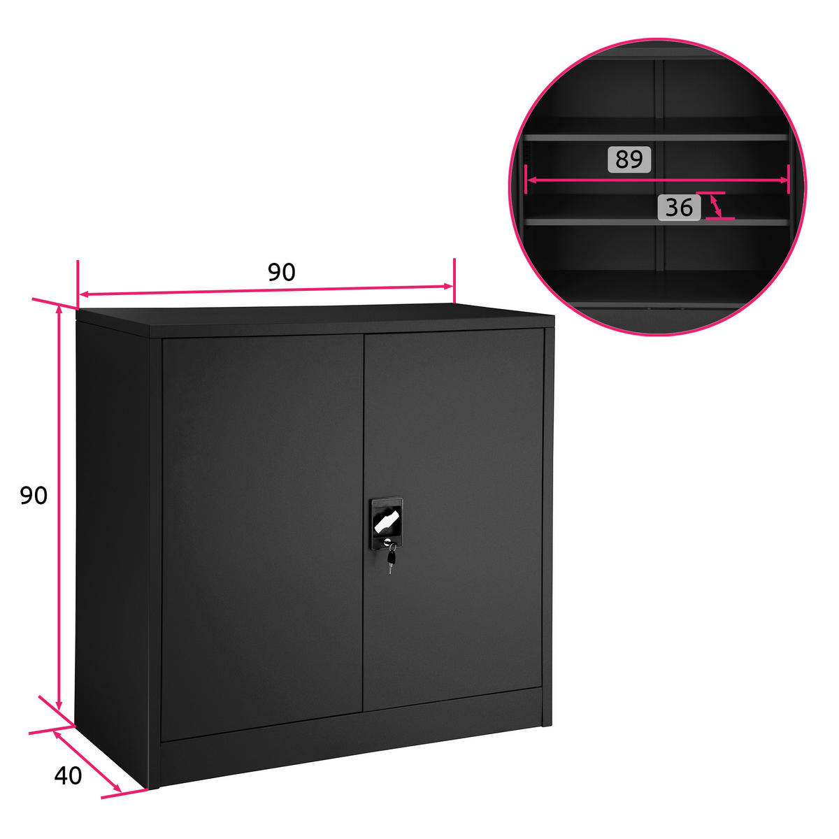 AKTENSCHRANK ,90 x 40 x 90 cm,schwarz - Schwarz, Metall (40/90/90cm) - tectake