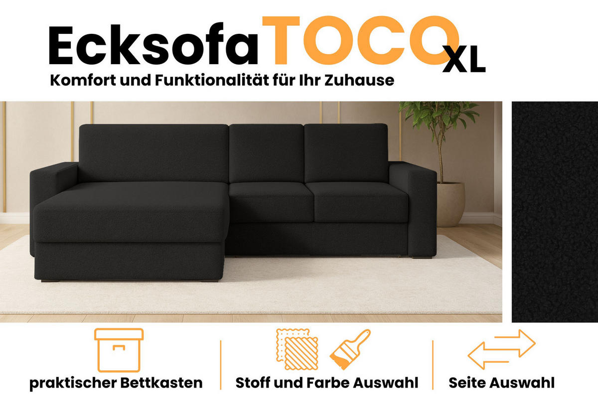 ECKSOFA TOCO XL 275/170 cm in Boucle Schwarz links - Schwarz, Holz/Holzwerkstoff (275/170cm) - Deine Möbel 24