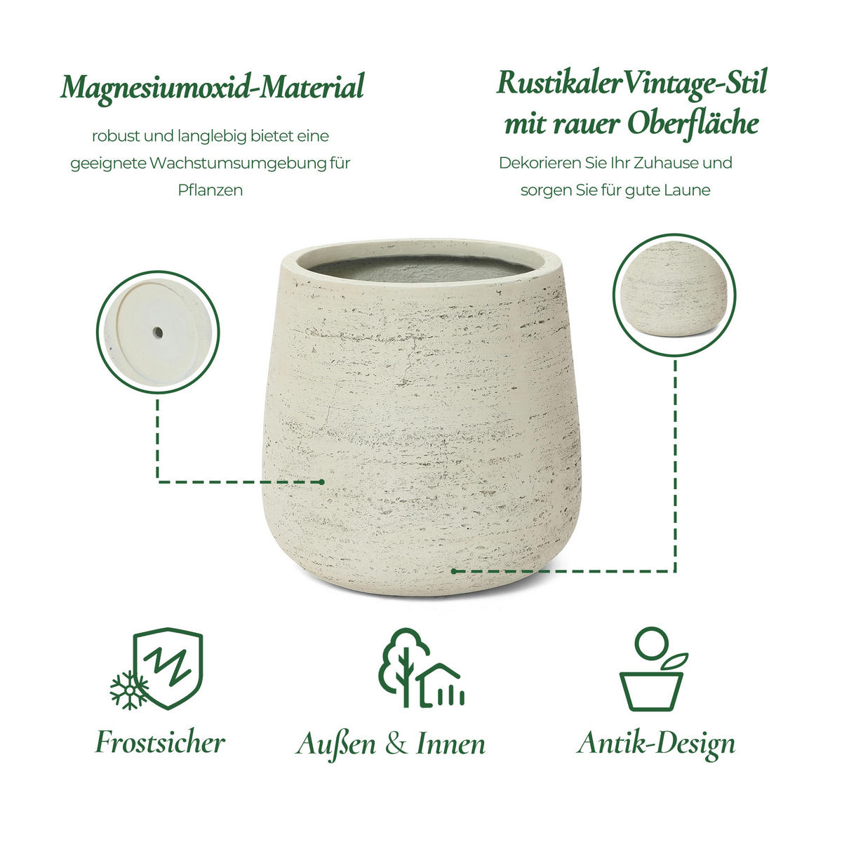 BLUMENTOPF groß & rund mit Ablaufloch, Ø 37 × H 35 cm, Creme - Weiß, Naturmaterialien (36cm) - Hometopia