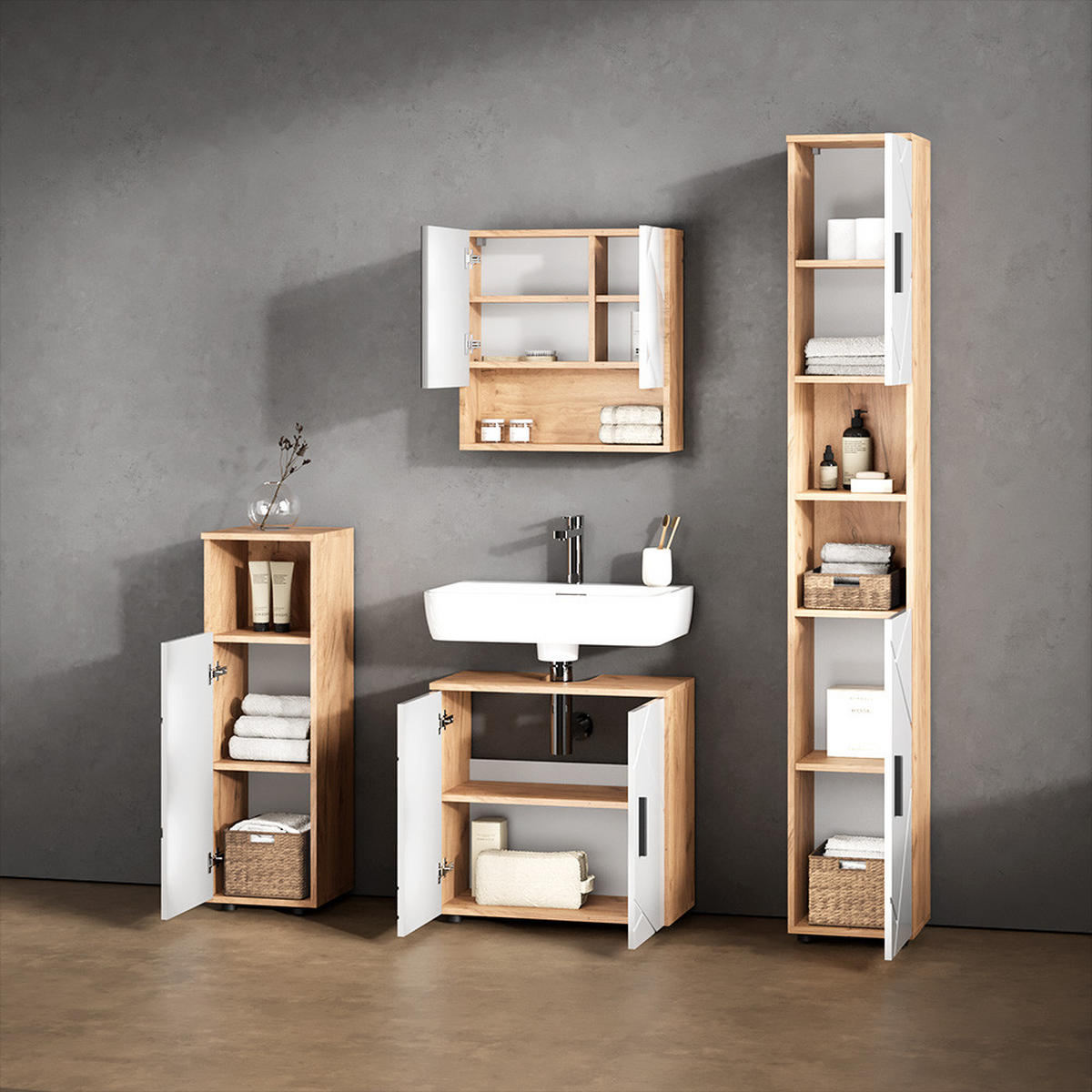 BADMÖBEL-SET Ronco Weiß Hochglanz/Goldkraft Eiche 4 Teile, mit Hochschrank - Honigeiche/Weiß Hochglanz, Holzwerkstoff (60/59/30cm) - Livinity®