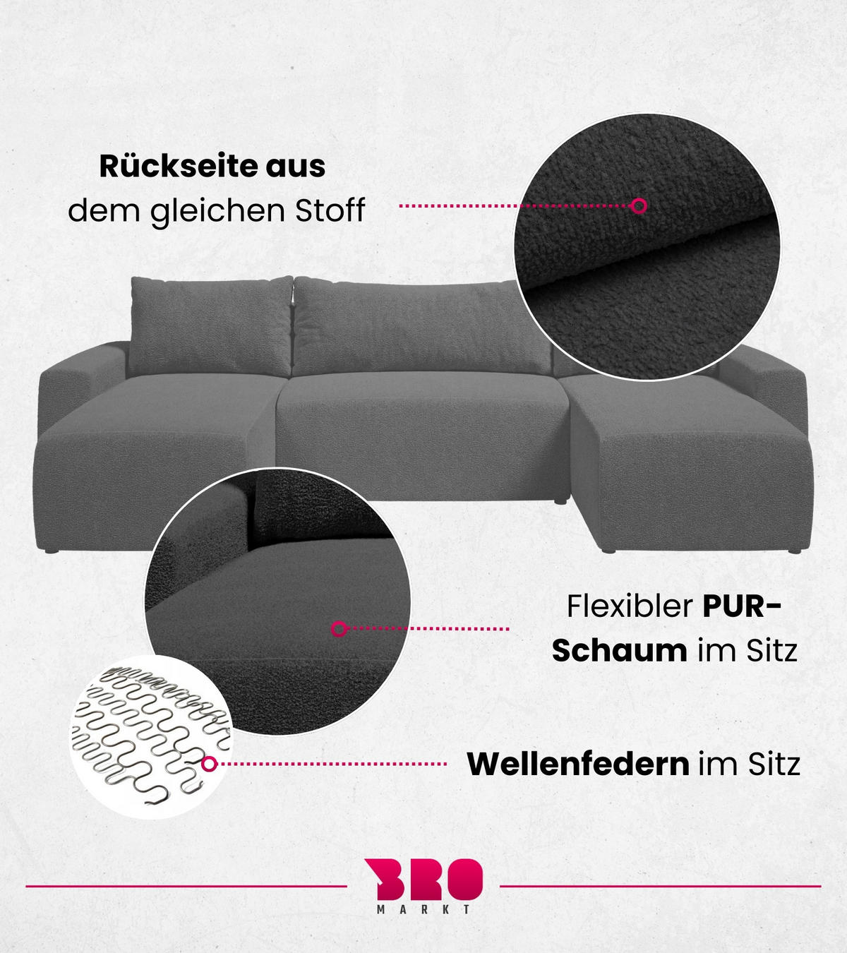 WOHNLANDSCHAFT Plush mit Schlaffunktion Anthrazit Boucle - Anthrazit, Kunststoff/Textil (315/72/145cm) - Bromarkt