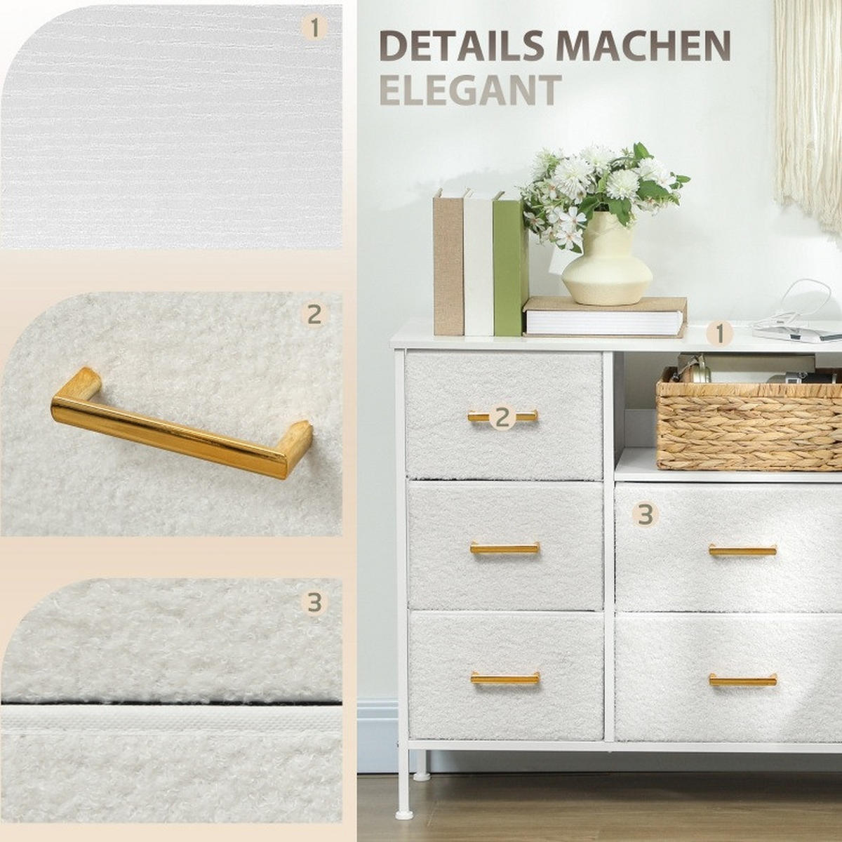 KOMMODE aus Polyester 110x30x76 cm Cremeweiß mit 8 Schubladen, Ladestation und Bouclé-Oberfläche - Creme, Holzwerkstoff (110/76/30cm) - Modfu