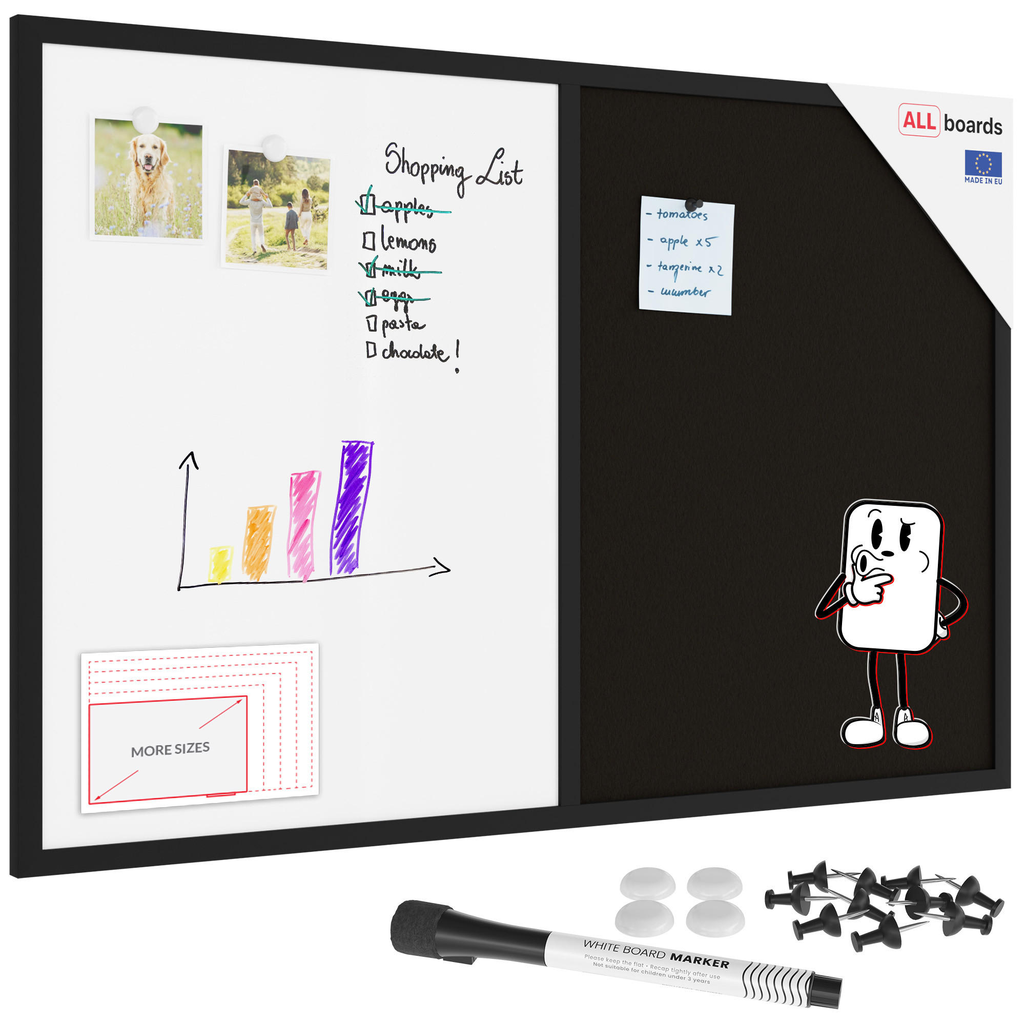 KOMBITAFEL 2 in 1 Whiteboard und Kork 90x60 mit schwarz lackietem Holzrahmen - Schwarz/Weiß, Holz (90/60/1.5cm) - ALLboards