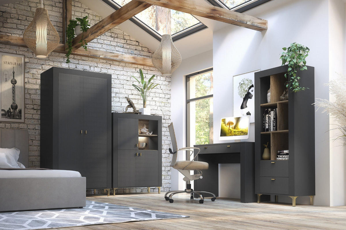 KLEIDERSCHRANK MONI 01 in Schwarz / Eiche Whiskey matt 97/194/56 cm - Schwarz, Holzwerkstoff (97/194/56cm) - Deine Möbel 24