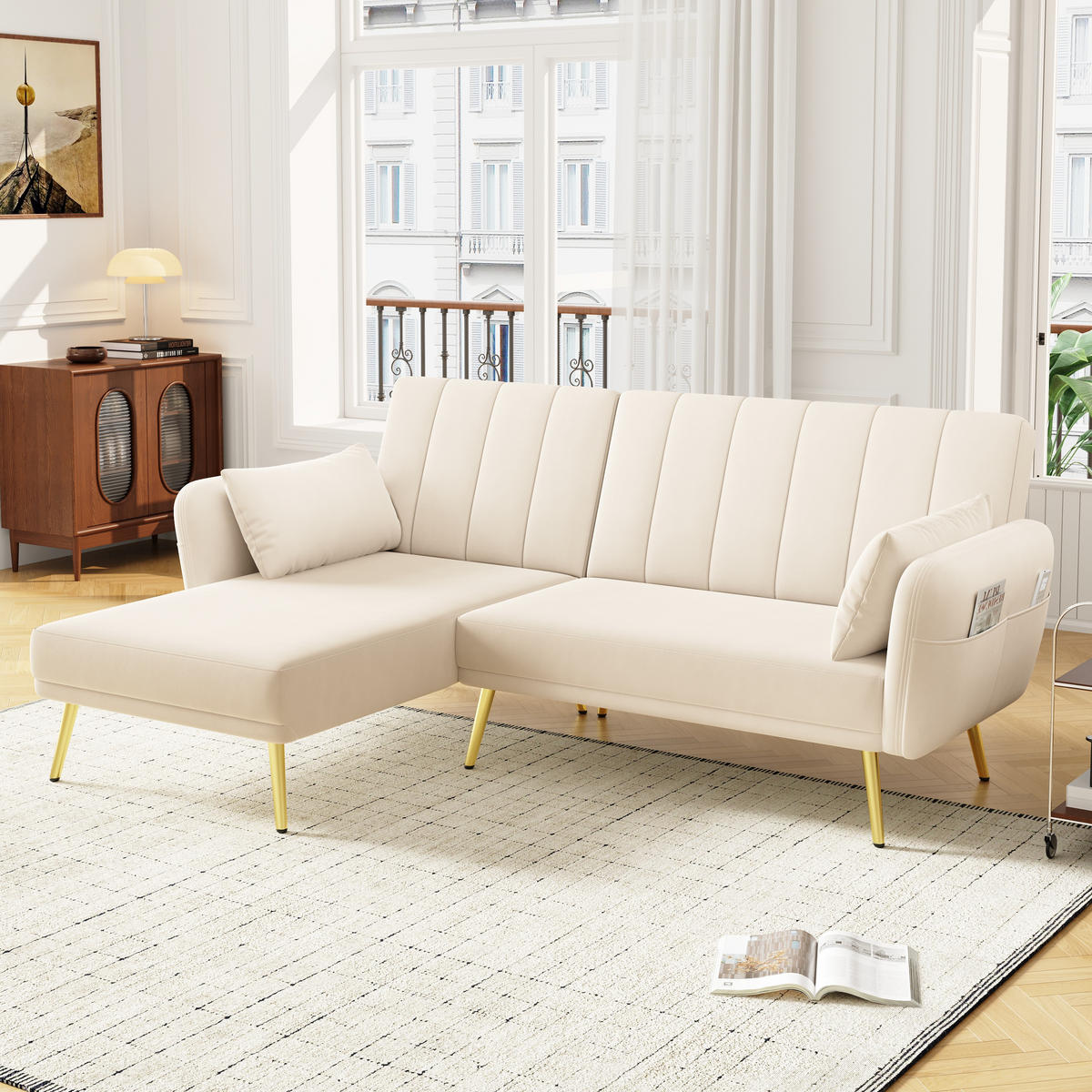SOFA L-Form Klappsofa Schlaffunktion Zusatzecke Modern Gästezimmer Heimkino - Beige, Holz (110.49/70.99cm) - FLIEKS