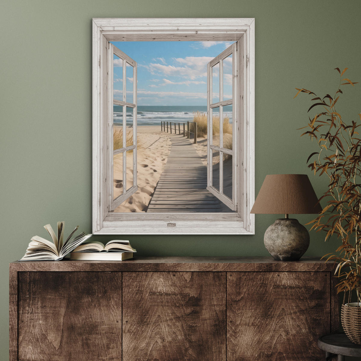 AKUSTIKPANEEL Fenster - Meer - Küste - Natur - Ausblick - Strand - Wattenmeer 60x80 cm - Beige, Textil (60/0.9/80cm) - MuchoWow