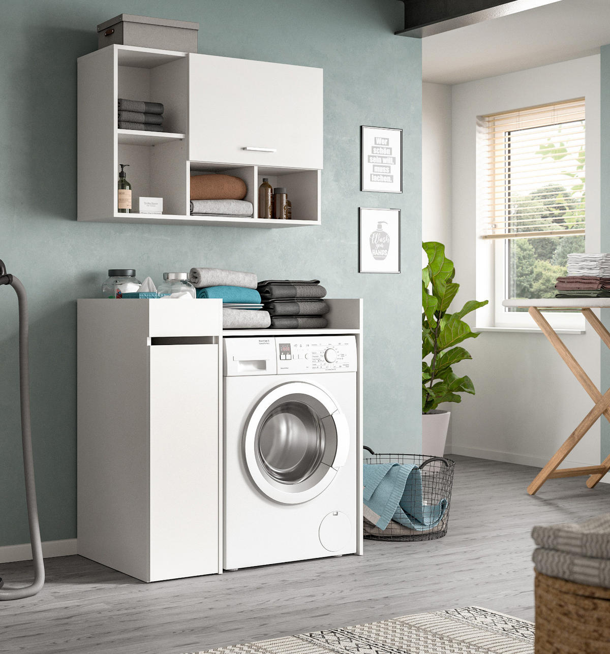 WASCHMASCHINENSCHRANK weiß Set 3-teilig 95 x 195 cm, Waschmaschinenumbau mit Stauraum - Silberfarben/Weiß, Glas/Holzwerkstoff (95/195/60cm) - Inn.Furn
