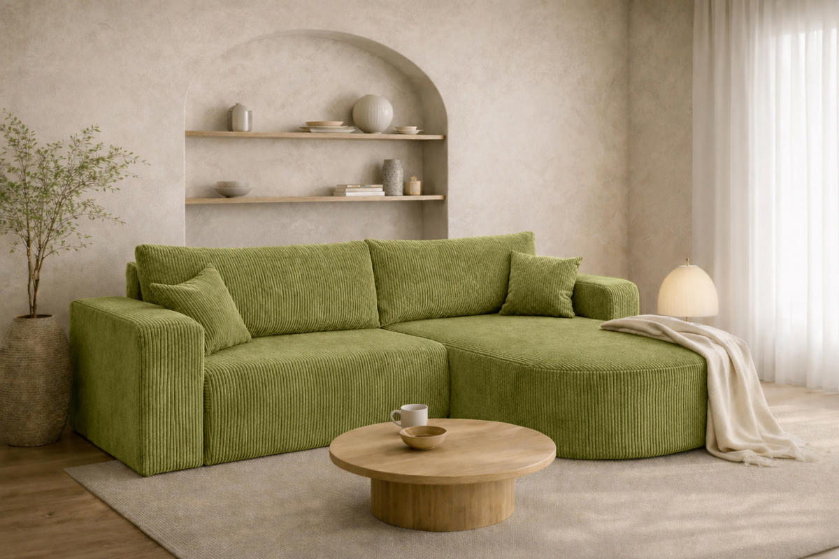 ECKSOFA Mit Schlaffunktion, Cordstoff Poso, Olive, Rechts, ROUND ONE - Olivgrün, Holz (244/175cm) - Kaiser Möbel