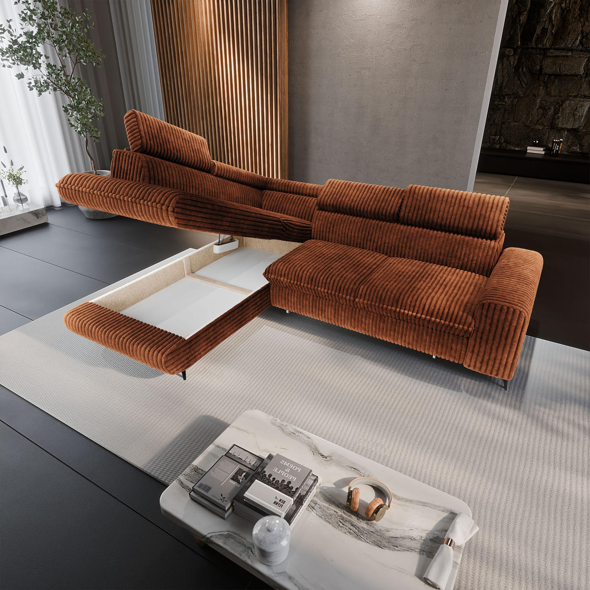 ECKSOFA VELISS Braun Kordstoff mit Schlaffunktion - Braun, Holz (255/193cm) - MASSENO