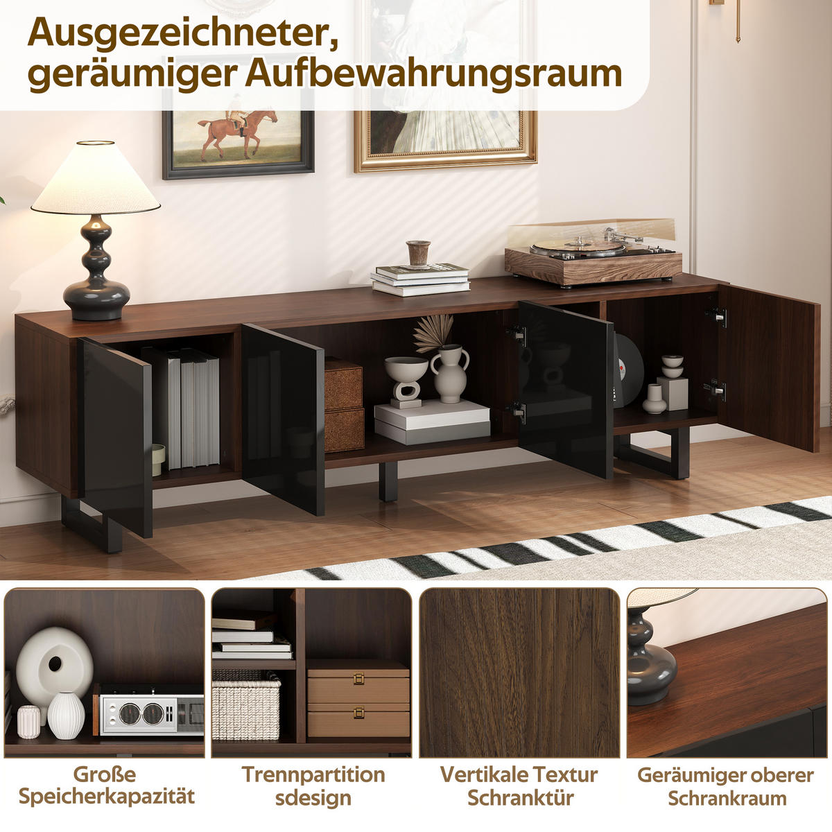 LOWBOARD in Schwarz und Naturfarben TV-Schrank mit vier Türen für Wohnzimmer, B180/T38/H50 cm - Schwarz/Naturfarben, Holzwerkstoff/Metall (180/50/38cm) - STILVORA