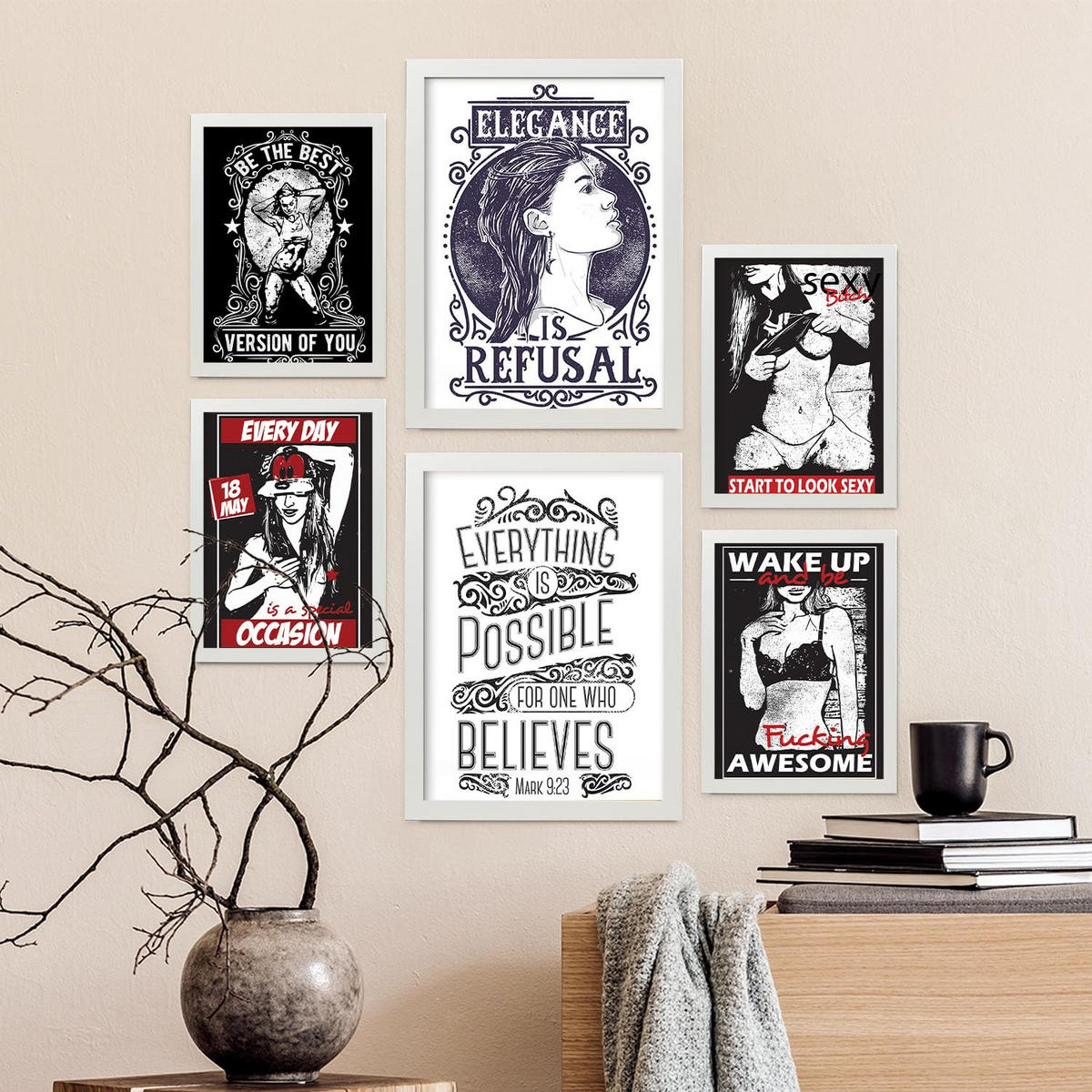 POSTER Set Mit 6 Frau In Rustikale Zitate A3 & A4 Weißer Rahmen - Weiß, Papier (29/3cm) - Nacnic