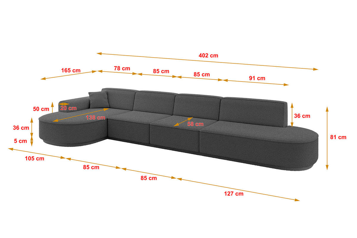 ECKSOFA Ottomane Links MARI-L3-v3 - 402x163x81 cm Grau Bouclé - Schwarz/Grau, Holzwerkstoff/Kunststoff (402/163cm) - ALTDECOR