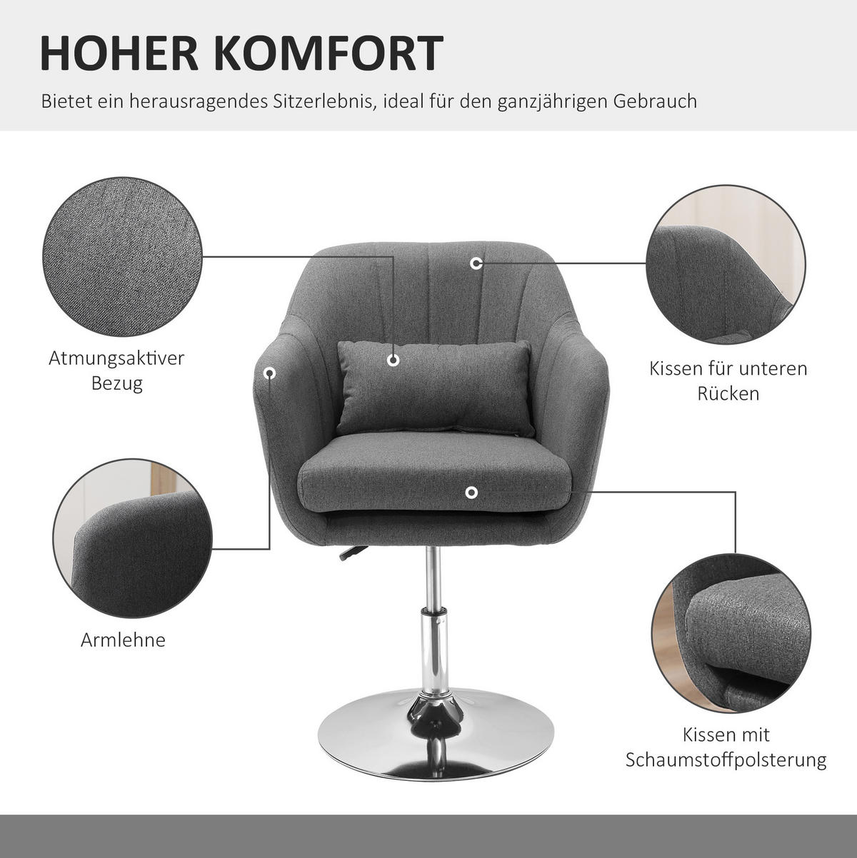 SESSEL höhenverstellbar 60 x 60 x 79-91 cm Dunkelgrau - Dunkelgrau, Kunststoff (60/91/60cm) - Meubliv