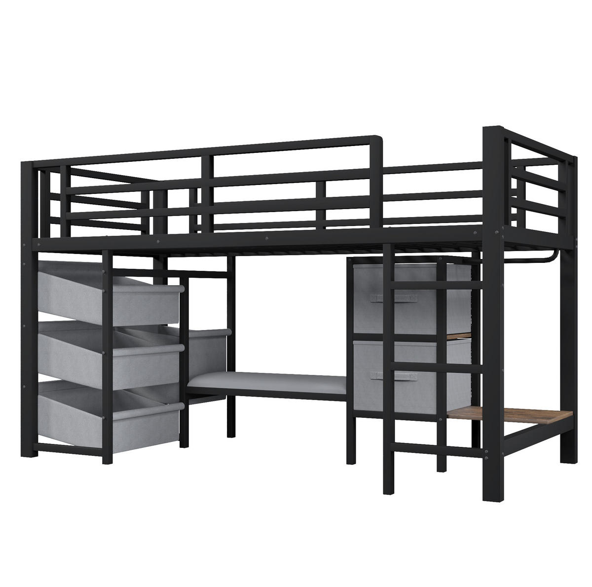 HOCHBETT 90/200 cm in Schwarz – mit LED, Sitzkissen und Stoff-Stauraum - Schwarz, Metall (90/200cm) - BEAOK