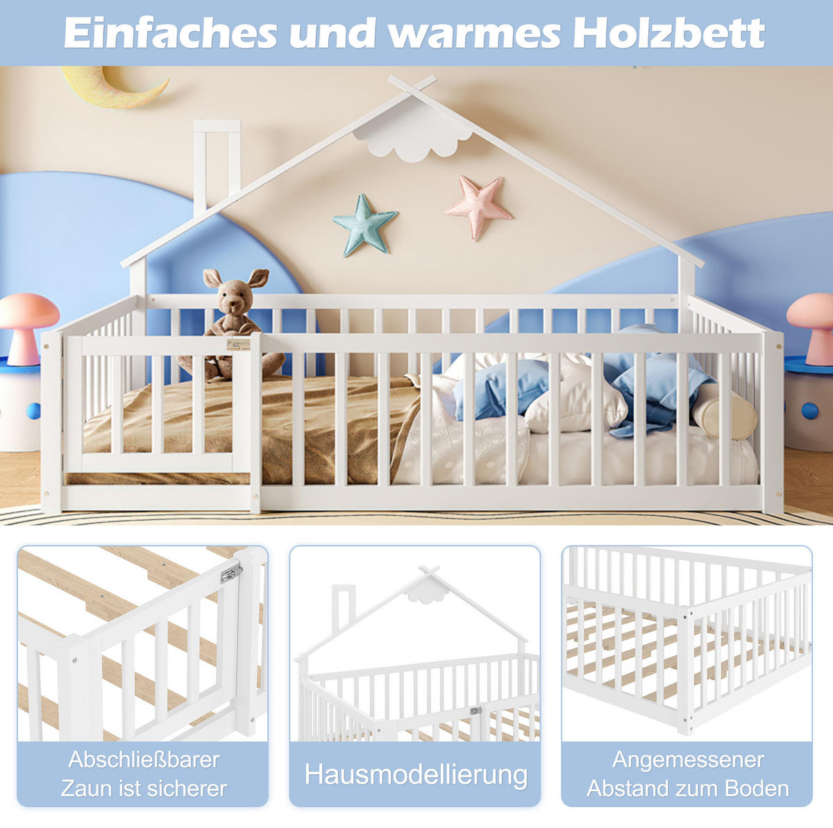 KINDERBETT Hausbett 140/190 cm, Weiß mit Geländer - Weiß, Holz (140/190cm) - MIVRAY