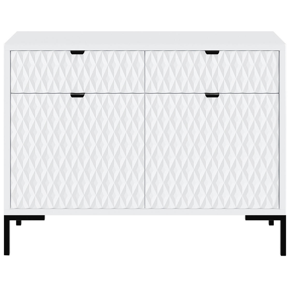 KOMODA Montreal se 2 dvířky a 2 zásuvkami, dekorativní 3D čela, 100 cm, bílá - bílá/černá, kov/kompozitní dřevo (101/85/40cm) - Beautysofa