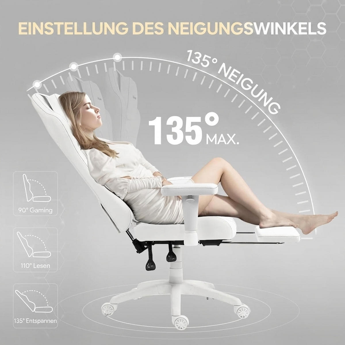 GAMING Stuhl &Massage-Wärmefunktion, atmungsaktivem Taschenfederkissen - Weiß, Leder (60/127/60cm)