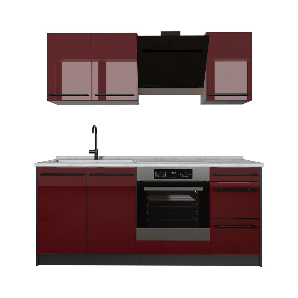 SINGLEKÜCHE R-Line, Rot Hochglanz/Anthrazit, 180 cm Arbeitsplatte Marmor - Anthrazit/Rot, Holzwerkstoff (180/206.8/60cm) - Vicco
