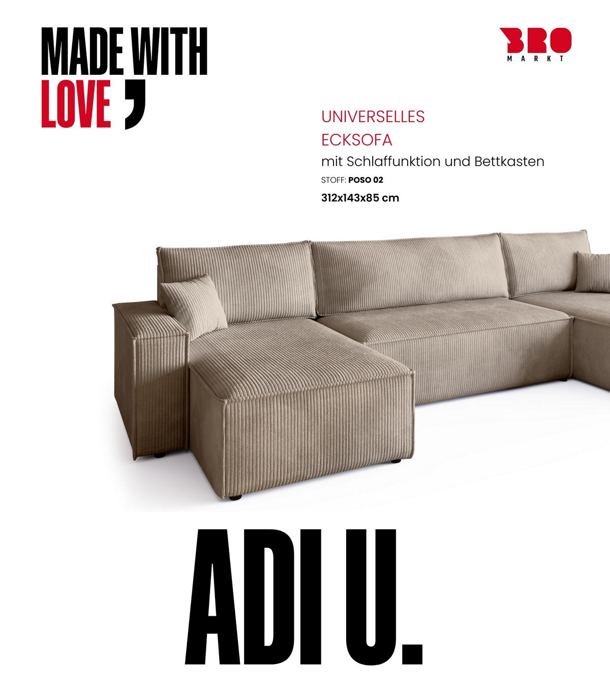 WOHNLANDSCHAFT ADI U mit Schlaffunktion Cordstoff Beige - Beige, Textil (312/85/143cm) - Bromarkt