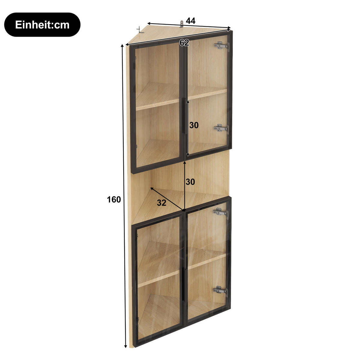 ECKVITRINE aus MDF 62x32x160 cm Eiche mit LED-Beleuchtung und Soft-Close-Türen - Eichefarben, Holzwerkstoff (62/160/32cm) - IVMEU