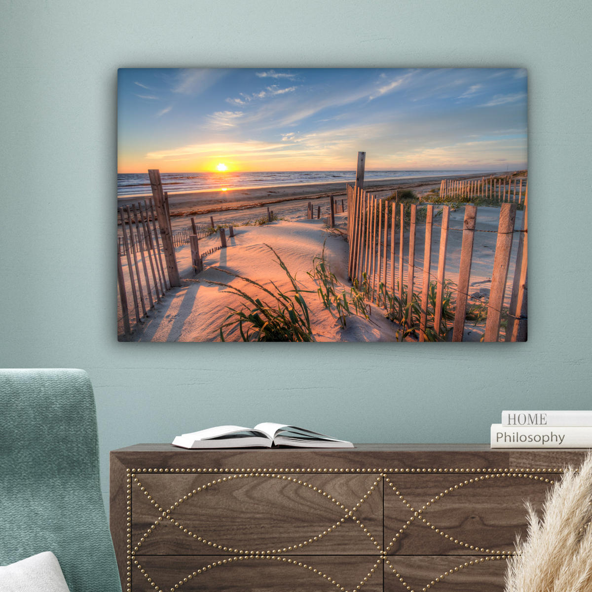 LEINWANDBILD Strand - Meer - Düne - Sonnenuntergang - Landschaft Gemälde 60x40 cm - Beige, Textil (60/40cm) - MuchoWow