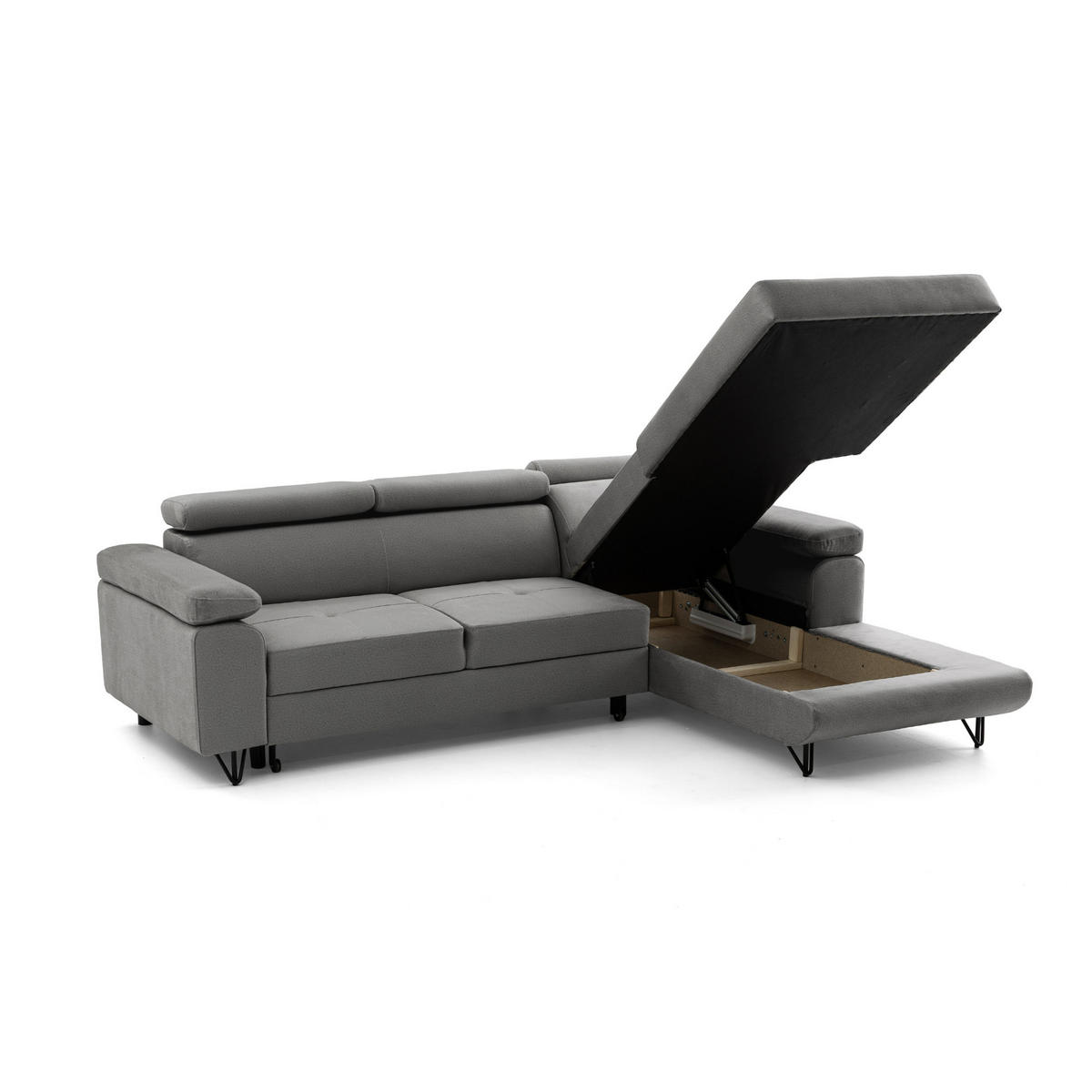 ECKSOFA NORIS L Rechts mit Schlaffunktion 128x203 Velours Grau - Schwarz/Grau, Holz/Textil (183/250cm) - Muffo