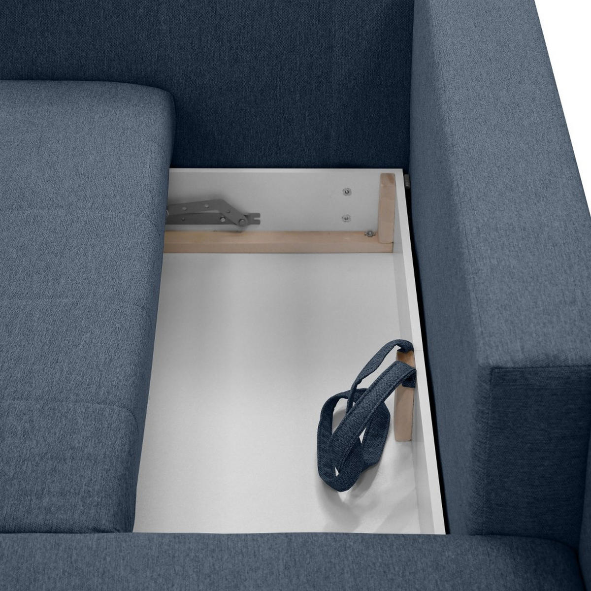 ECKSCHLAFSOFA Neron mit 2 Bettkasten und Beine in Buchefarbe, Dunkelblau, rechts - Buchefarben/Dunkelblau, Textil (233/148cm) - Beautysofa