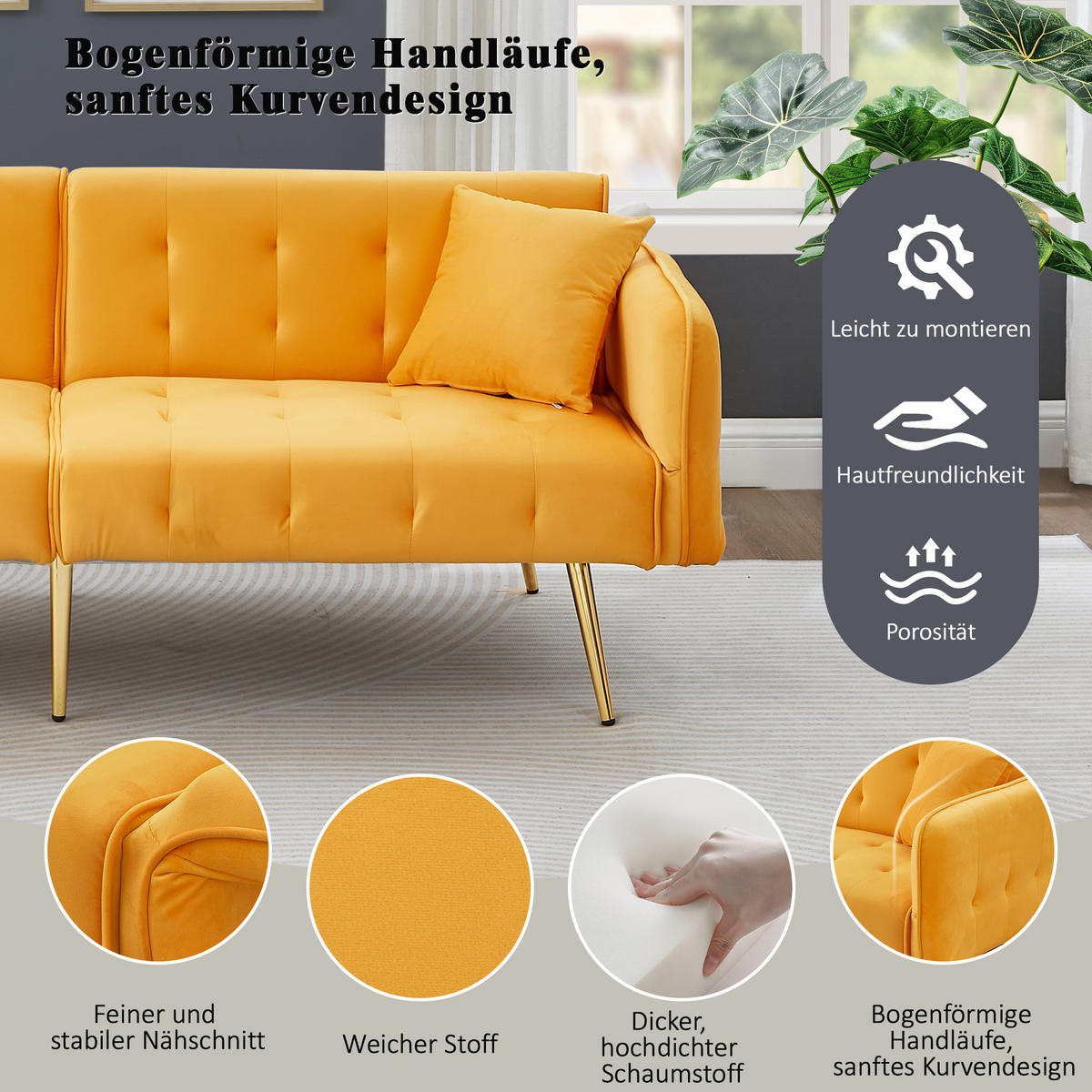 SOFABETT Samt mit verstellbarer Rückenlehne und Armlehnen Gelb 178/82/70 cm - Gelb, Textil (82/70/178cm) - Redom