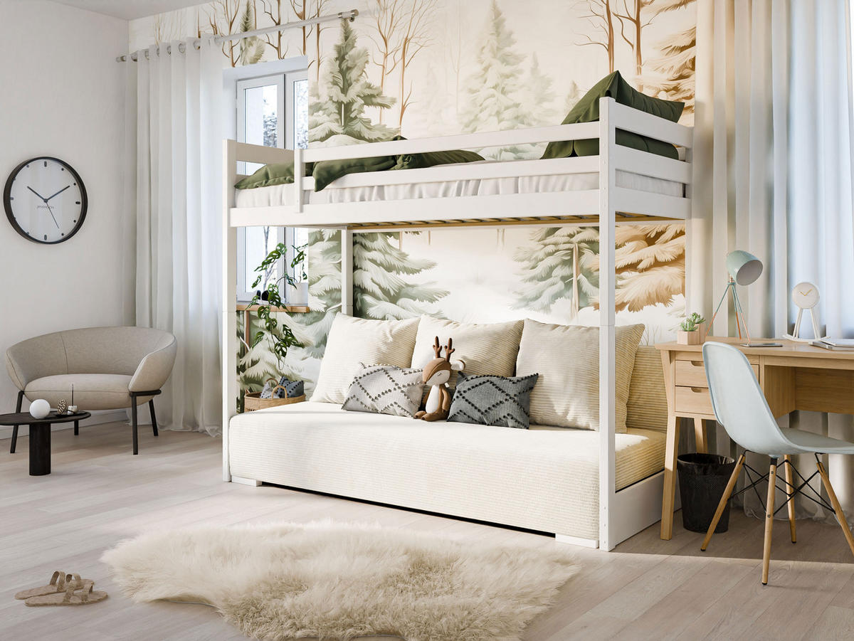 HOCHBETT mit Schlafsofa 200x140 cm in weiß und cremefarben - Creme/Weiß, Holz (140/200cm) - Kids Collective