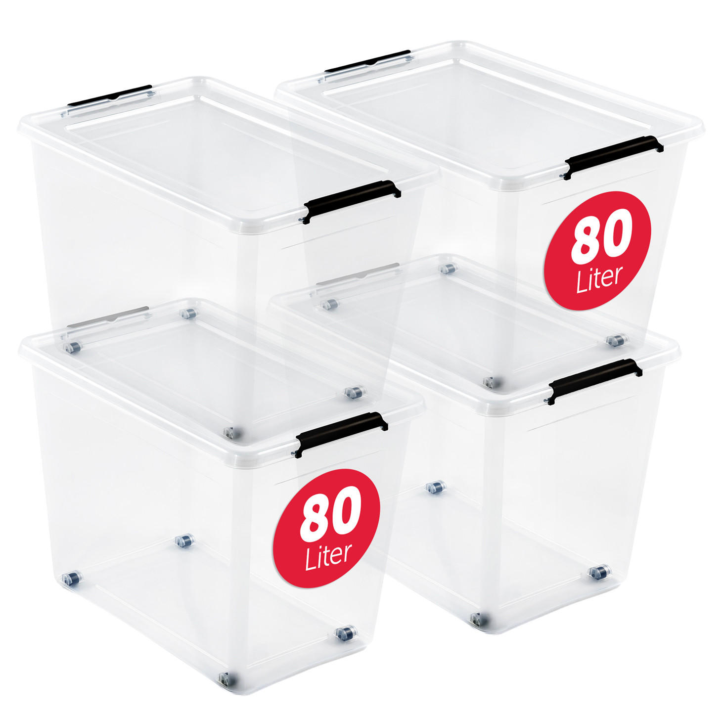 ÚLOŽNÉ boxy s víkem 80 l v sadě po 4 ks - průhledná, plast (39/43/58cm) - BOXXivo