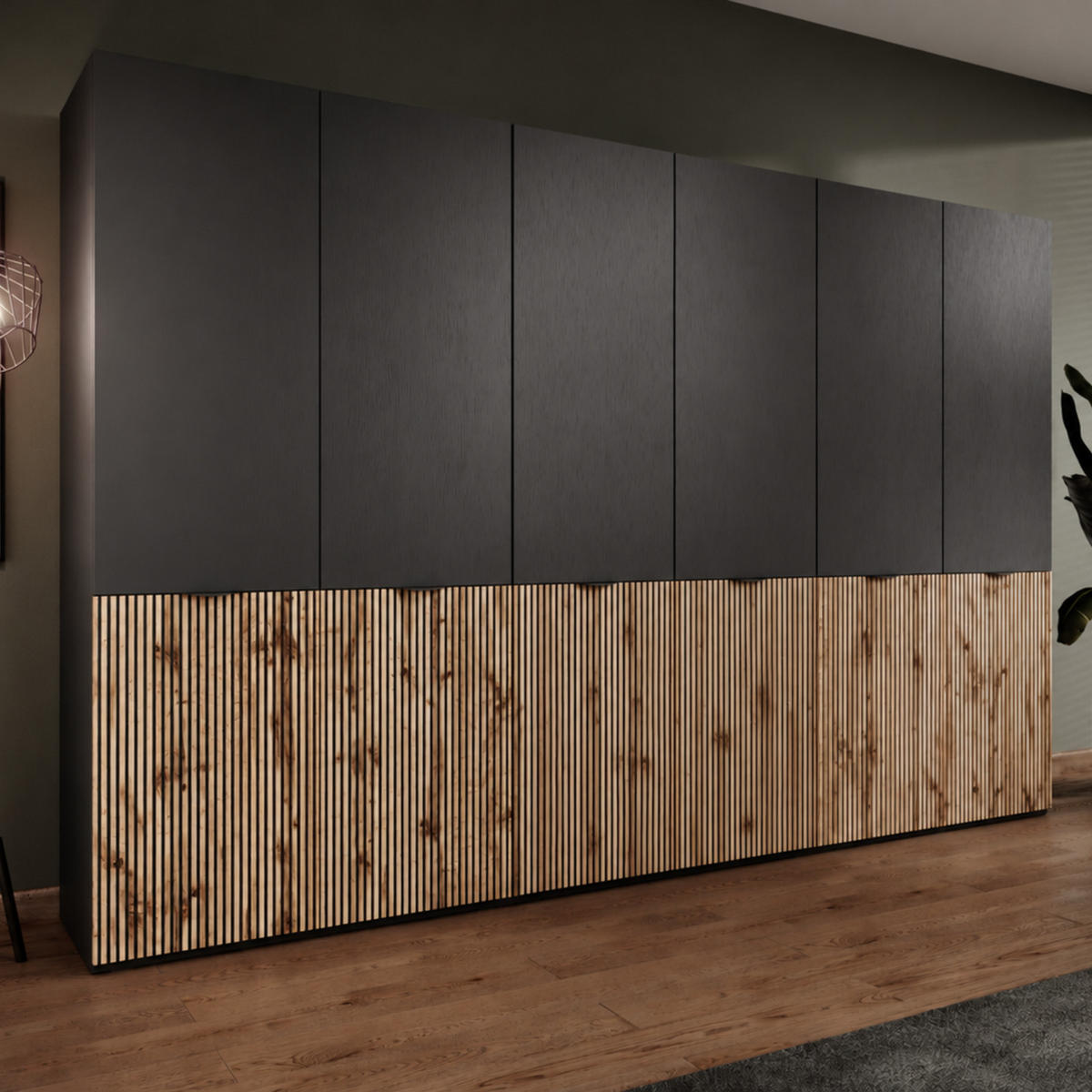 KLEIDERSCHRANK ZEN (Modular, Schwarz, Wotan Eiche Rillenfront, 6-türig) - Eiche Wotan/Schwarz, Holz/Holzwerkstoff (303/200/51cm) - Ravio