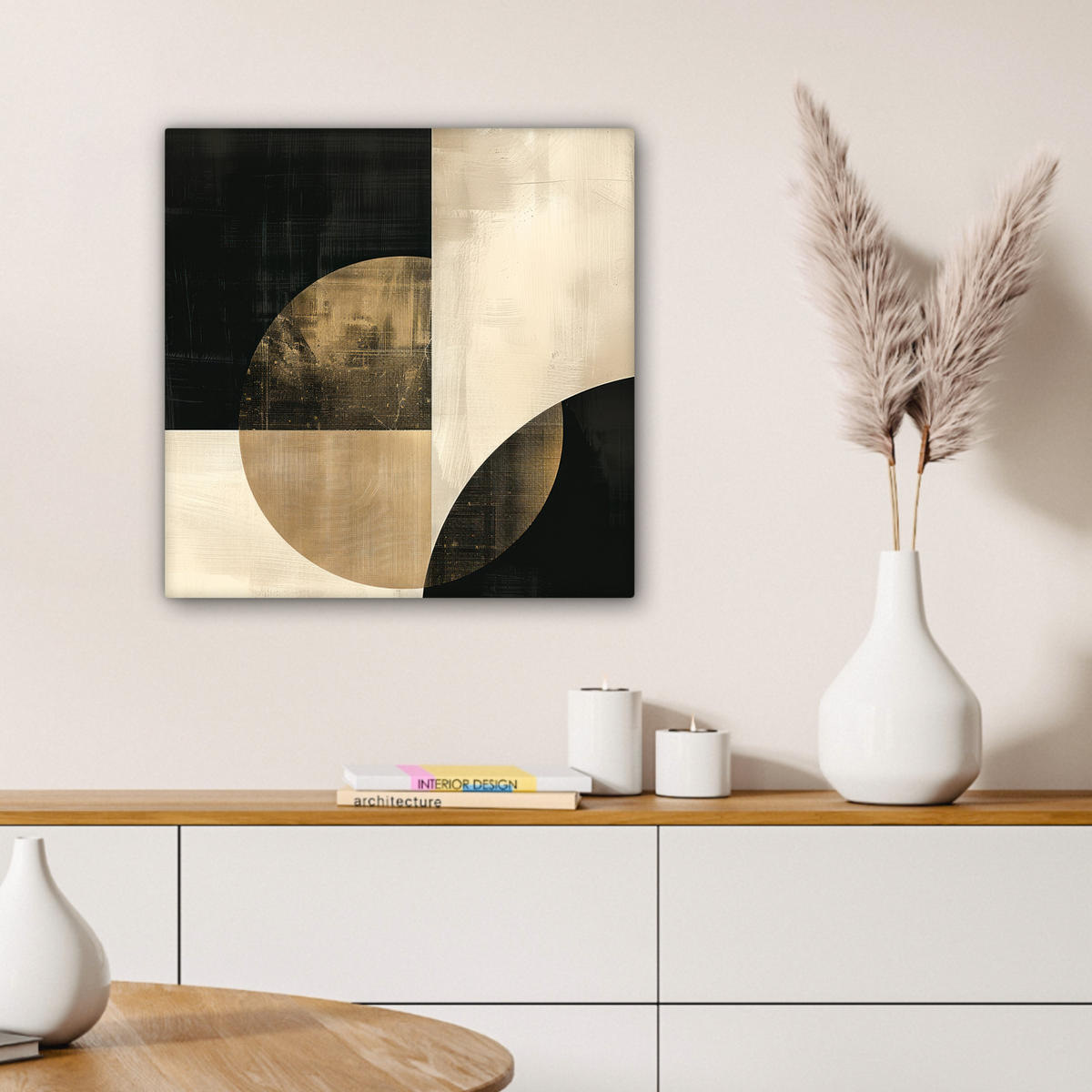 LEINWANDBILD Abstrakt - Geometrische Formen - Schwarz - Gold Wandbild Wohnzimmer 50x50 cm - Ecru, Textil (50/50cm) - MuchoWow