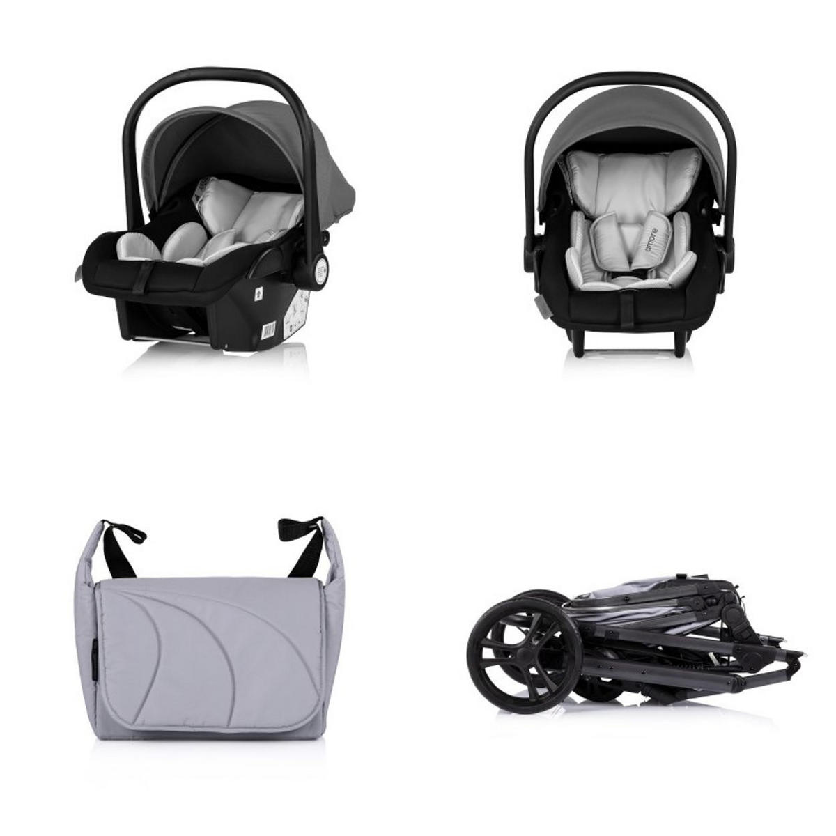 KOMBIKINDERWAGEN Amore 3 in 1 hellgrau Babyschale Adapter Wickeltasche Fußabdeckung - Schwarz, Metall (95/63/105cm) - Chipolino