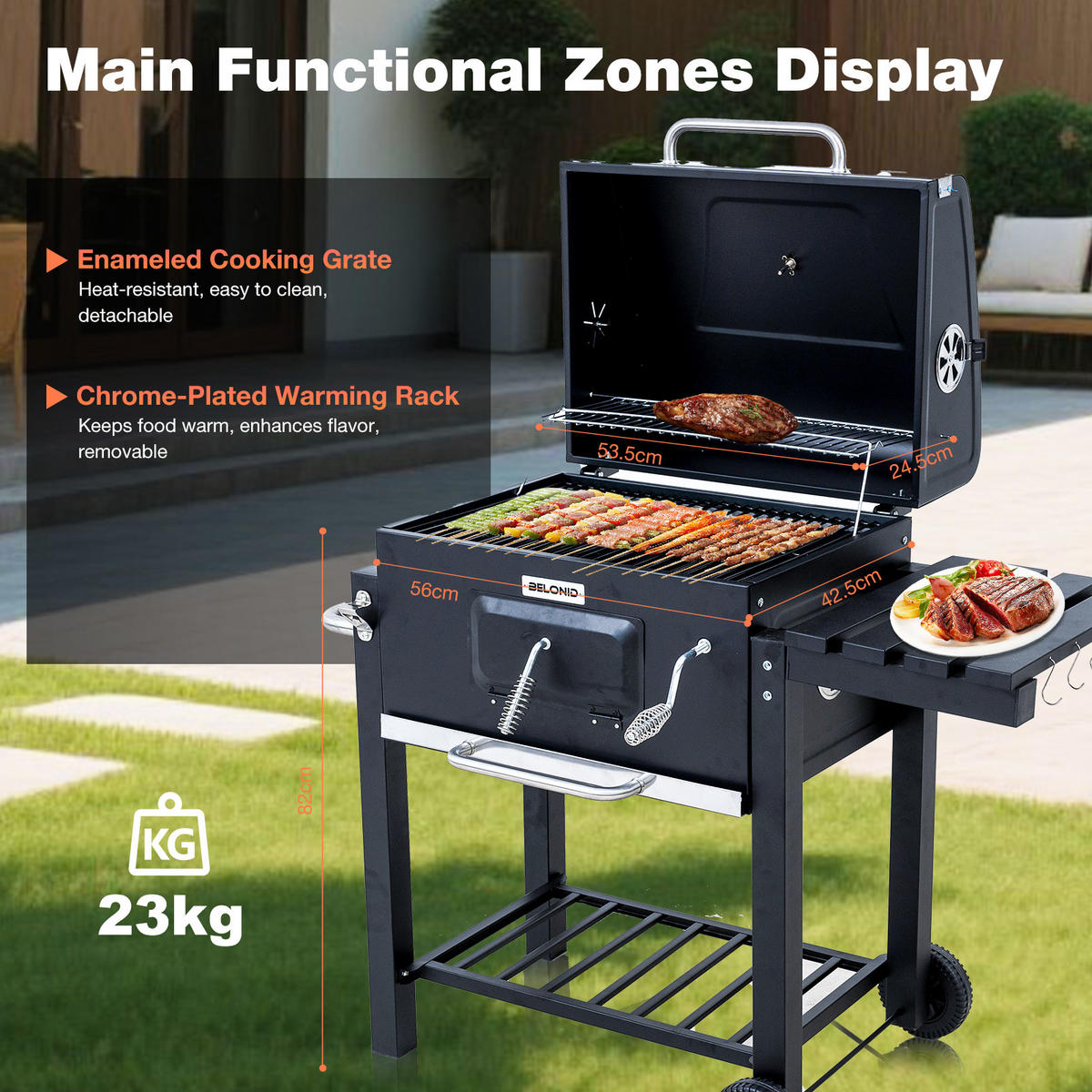 HOLZKOHLEGRILL mit Abdeckung - Schwarz, Metall (55/104/113cm) - BELONID