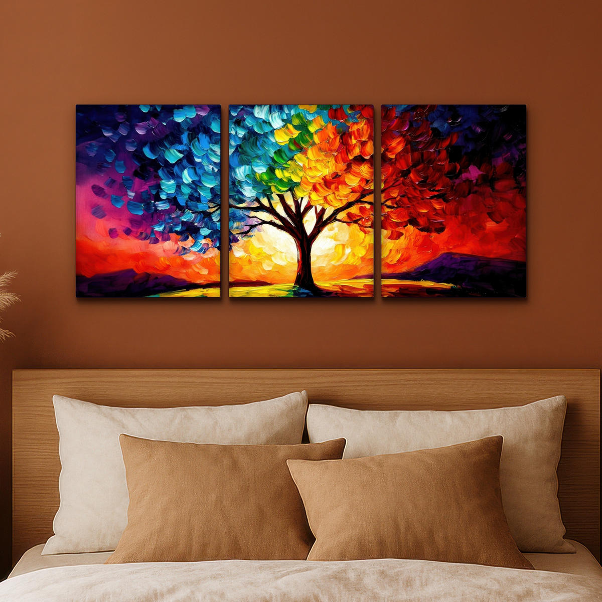 LEINWANDBILD 3er Set Baum - Farbenfroh - Malerei-Look - Abstrakt 90x40 cm - Multicolor, Textil (90/40cm) - MuchoWow
