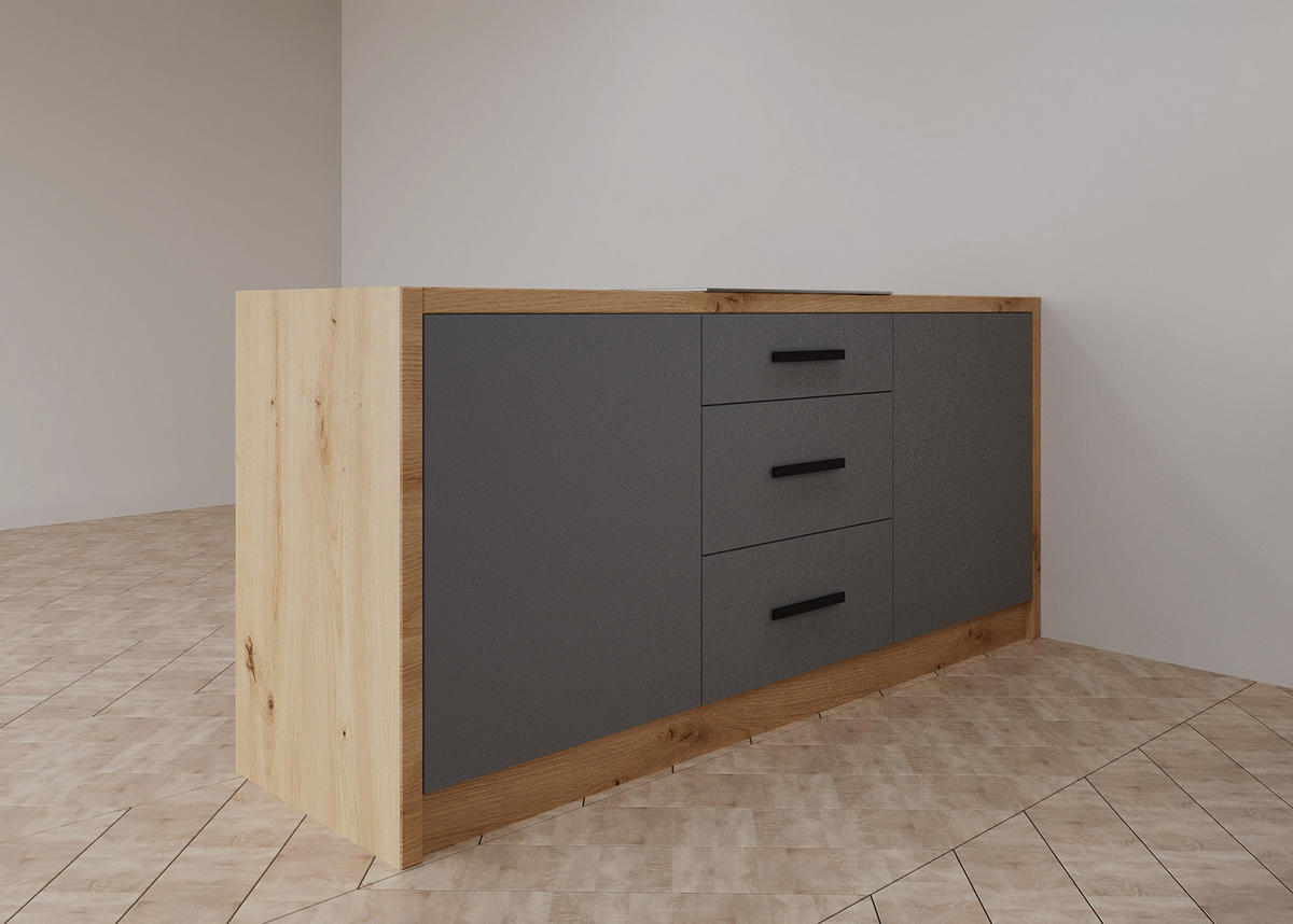 KÜCHENZEILE 360 cm - Langen K104-M360 - in Beige / Matt - Beige/Schwarz, Holz/Holzwerkstoff (360/212/60cm)