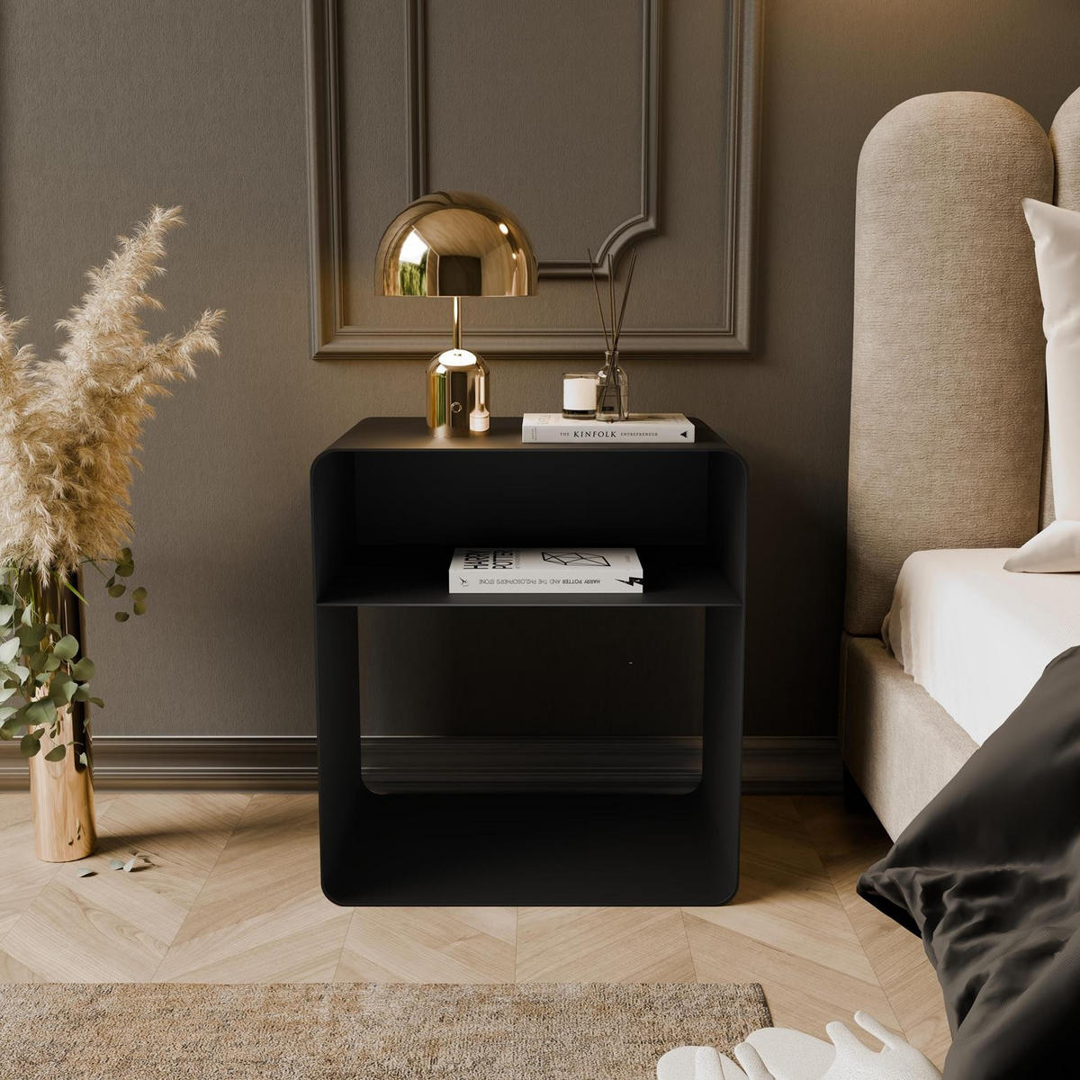 NACHTTISCH Aura Schwarz, mit Ablage für minimalistische Innenräume - Schwarz, Metall (45/50/35cm) - Bettso